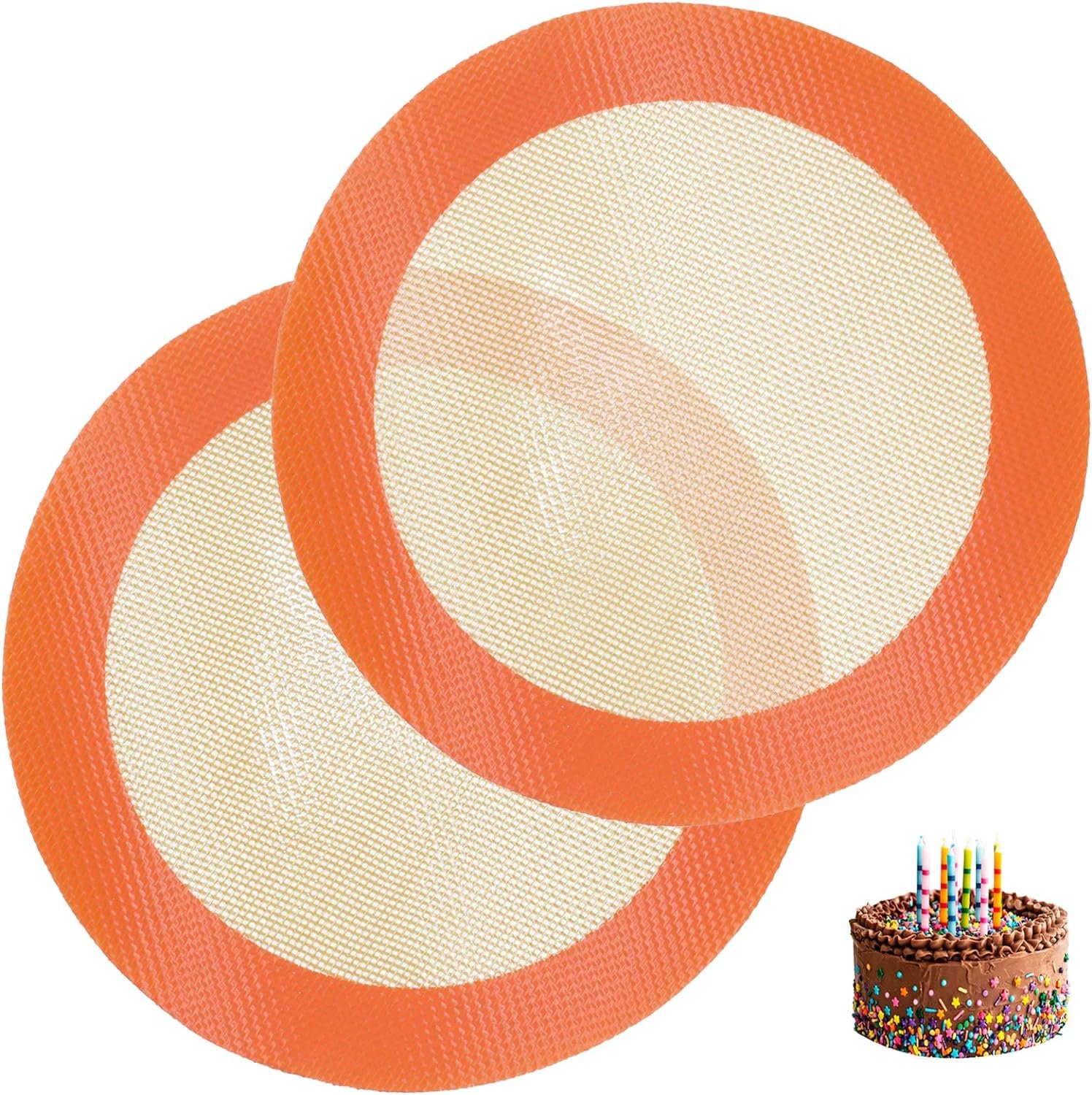 Round Silicone Baking Mats for 8 Inch Cake Pan, Food Grade, Non-Stick, Reusable Silicone Mat for Baking Pan for Bread/Tortilla/Macaron/Pastry/Pie/Bun or 9 Inch Pizza Pan, 2PCS