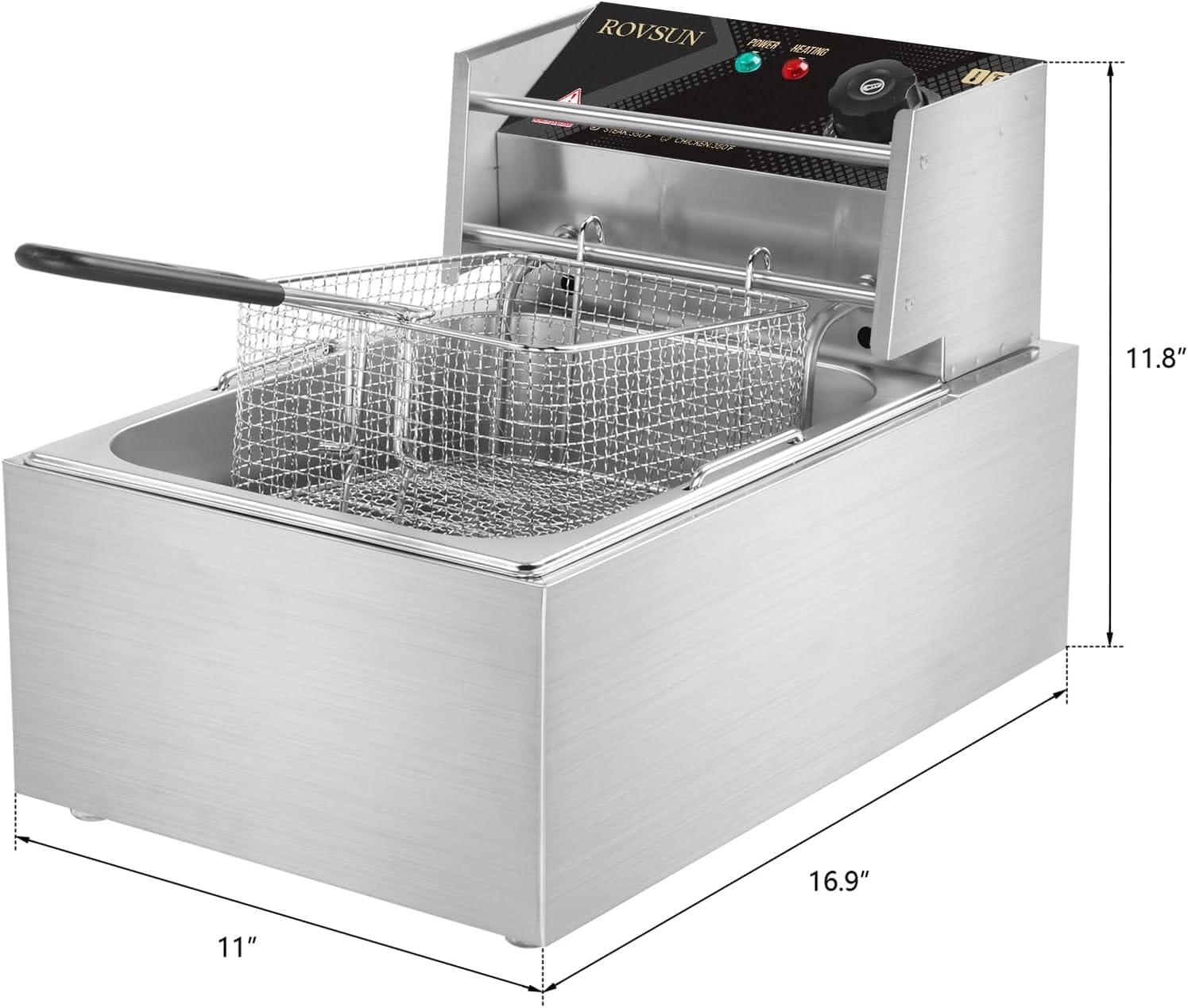 ROVSUN 11.4QT/10.8L Electric Deep Fryer w/ 60-Min Timer, Overheat Protection, Temperature Control  Basket, 2500W Fat Fryer Frying Machine Commercial Countertop Fryer for Kitchen Home Restaurant