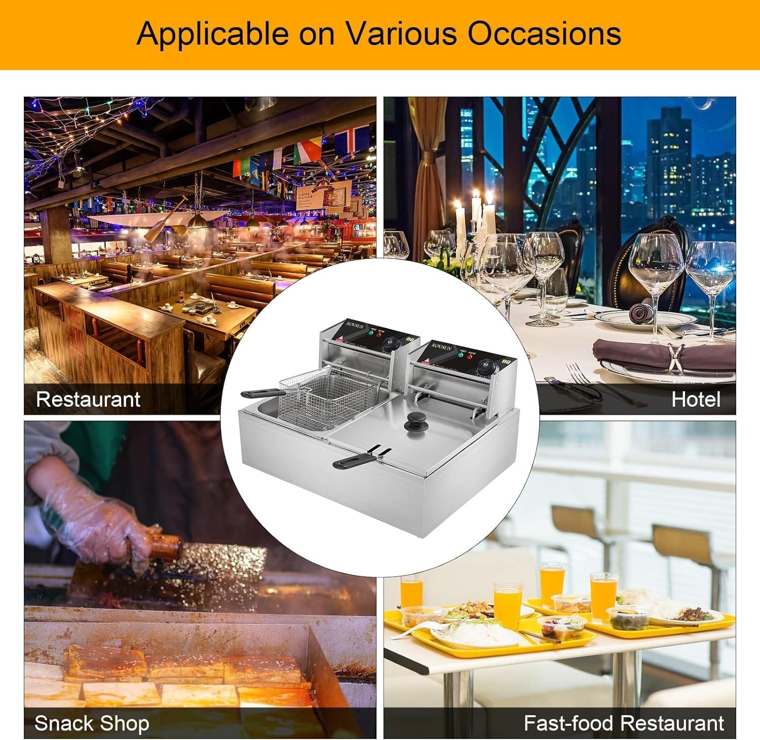 ROVSUN 22.8QT/21.6L Electric Deep Fryer w/Baskets  Lids, Countertop Commercial Stainless Steel Dual Tank Kitchen Fat Fryer Frying Machine for French Fries, Donuts, Adjustable Temperature, 5000W