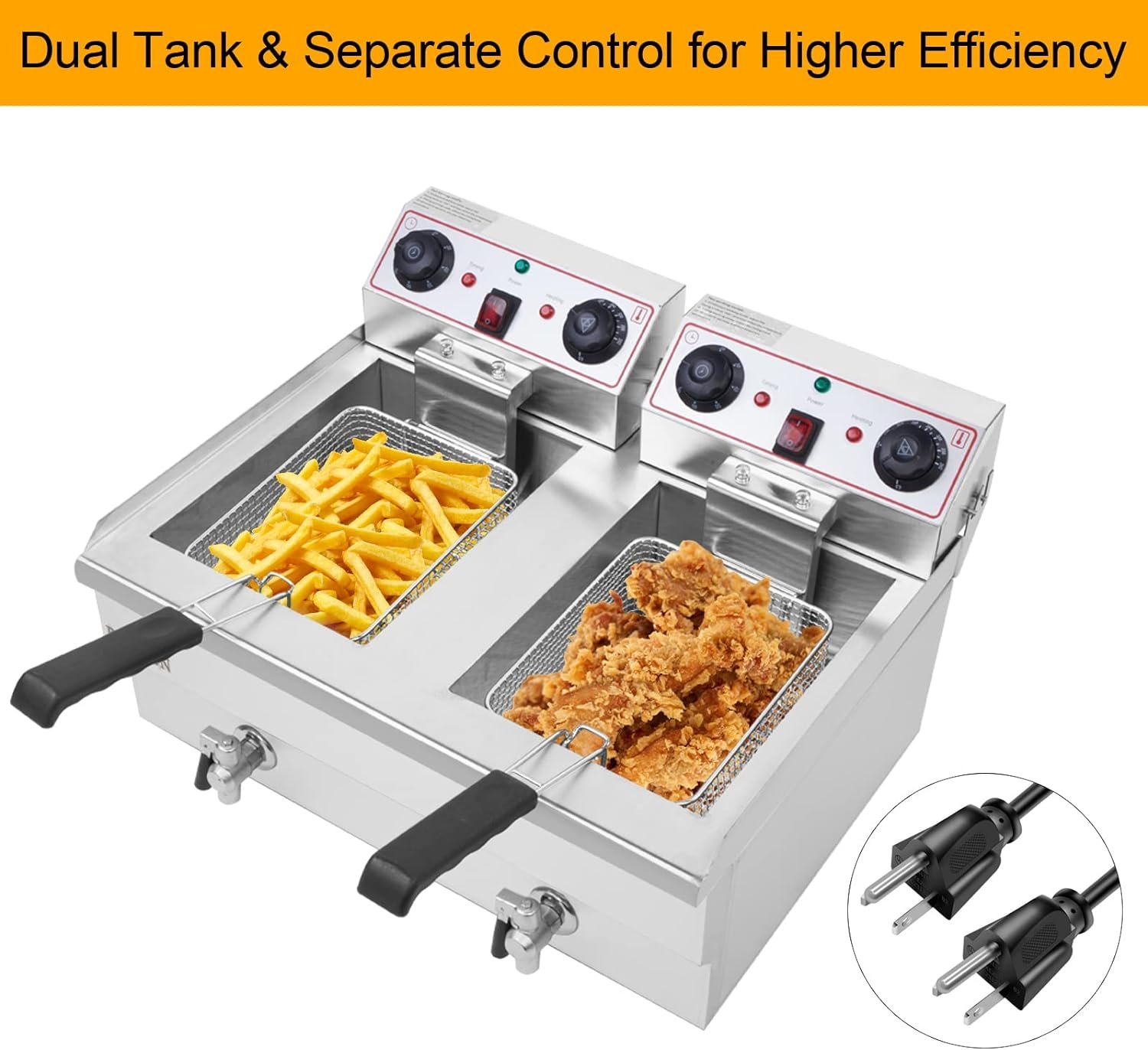 ROVSUN 24.9QT Electric Deep Fryer w/Frying Baskets Timer Drains  Lids, Dual Tank Kitchen Countertop Commercial Frying Machine, Adjustable Temperature, for French Fries Donuts Onion Rings, 3400W 110V