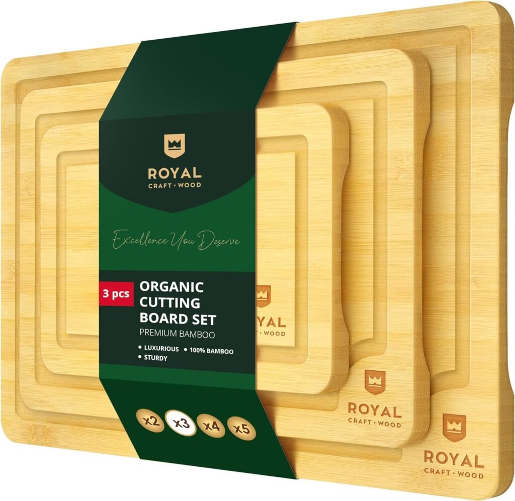 ROYAL CRAFT WOOD Cutting Boards for Kitchen - Bamboo Cutting Board Set of 3, Cutting Boards with Juice Grooves, Serving Board Set, Thick Chopping Board for Meat, Veggies, Easy Grip Handle