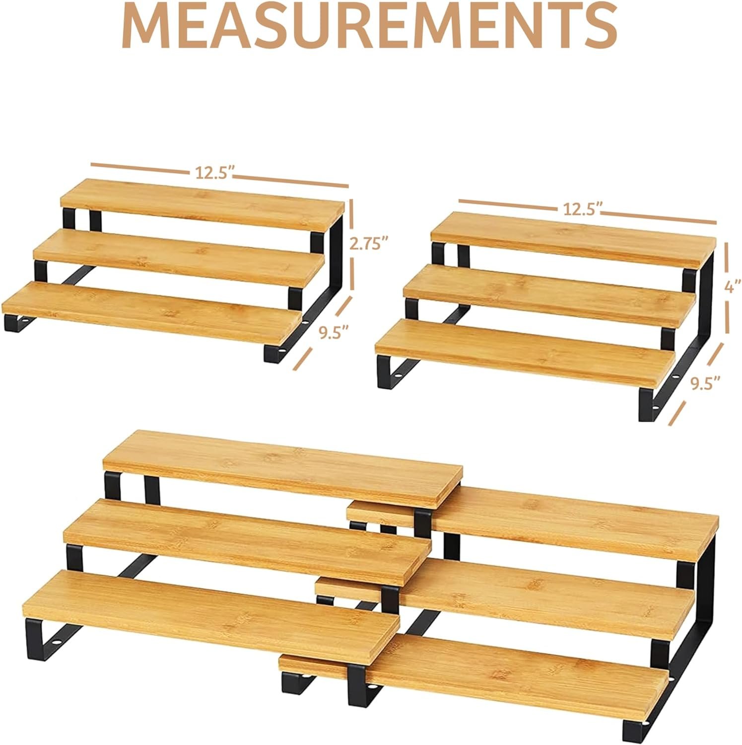 RoyalHouse Bamboo Expandable Spice Rack Organizer, 3-Tier Adjustable Kitchen Cabinet, Countertop Display Shelf, Space Organizer for Kitchen and Bathroom