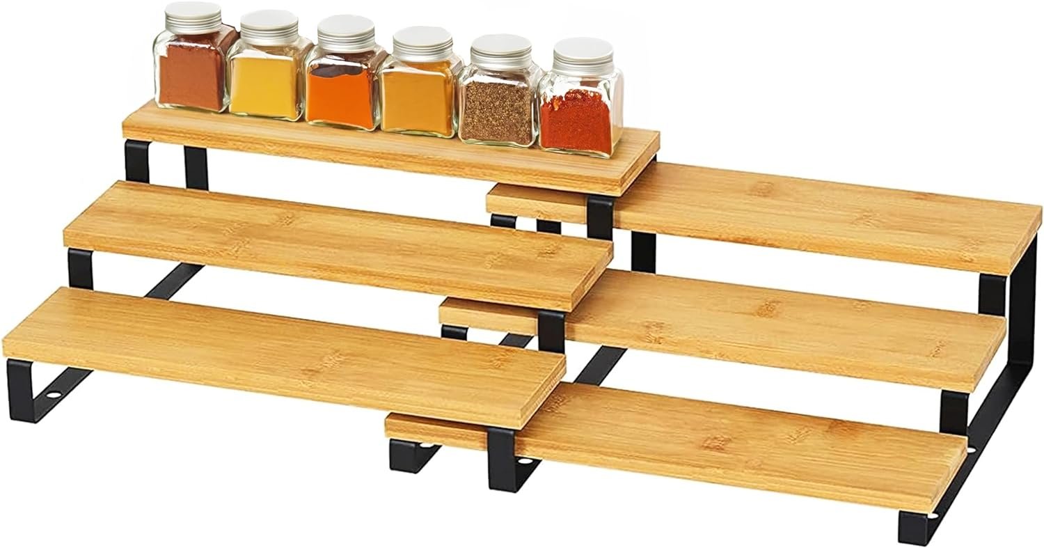 RoyalHouse Bamboo Expandable Spice Rack Organizer, 3-Tier Adjustable Kitchen Cabinet, Countertop Display Shelf, Space Organizer for Kitchen and Bathroom