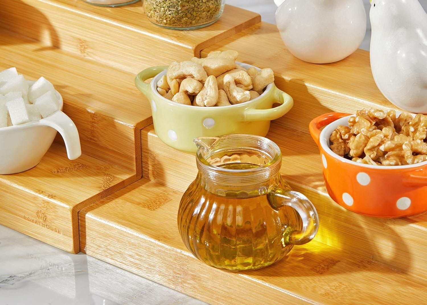 RoyalHouse Bamboo Expandable Spice Rack Organizer, 3-Tier Adjustable Kitchen Cabinet, Countertop Display Shelf, Space Organizer for Kitchen and Bathroom