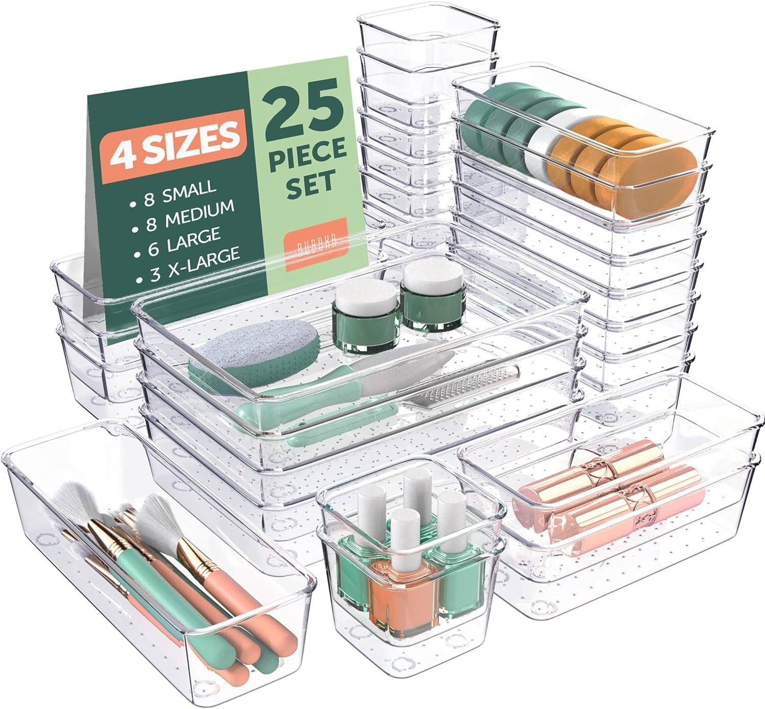 Ruboxa Clear Drawer Organizer, [25 PCS] Plastic Organizers for Home Organization and Storage, Including 4 Sizes Small Bins, Non-Slip Pads, for Bathroom, Kitchen, Vanity  Office