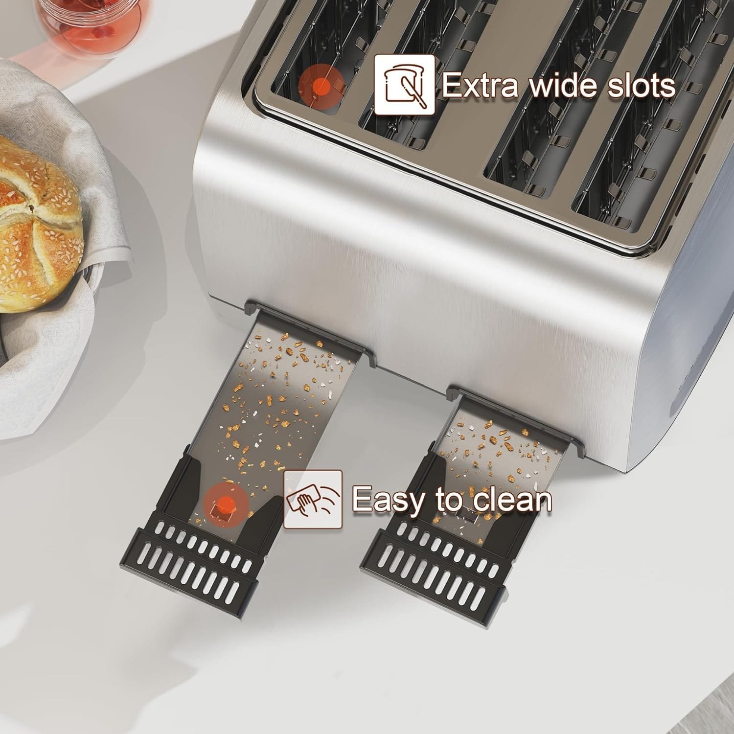 Runnatal 2 Slice Slot Toaster, Stainless Steel, Extra-Wide Slot Toaster with 7 Shade Settings, Silver Metallic