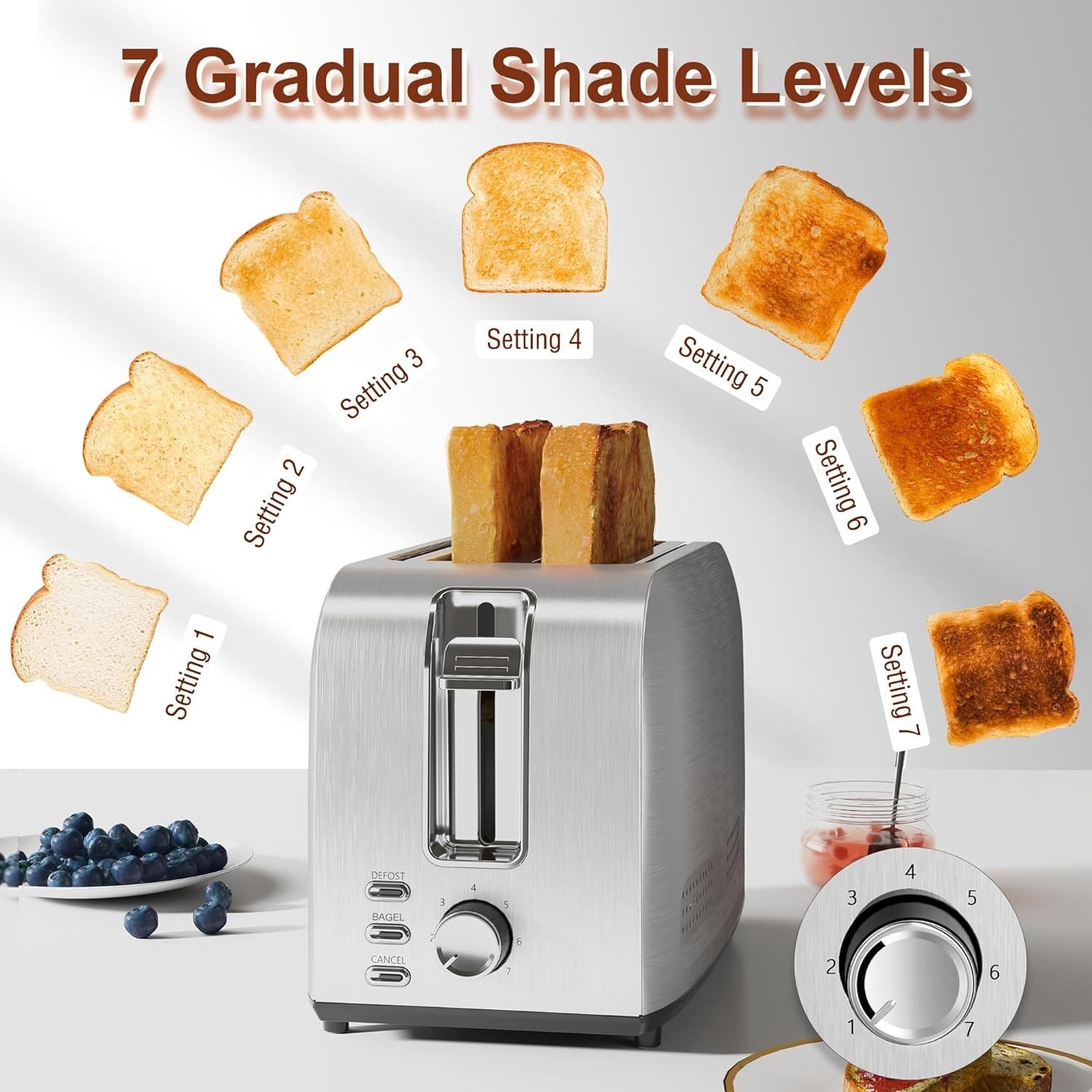 Runnatal 2 Slice Slot Toaster, Stainless Steel, Extra-Wide Slot Toaster with 7 Shade Settings, Silver Metallic