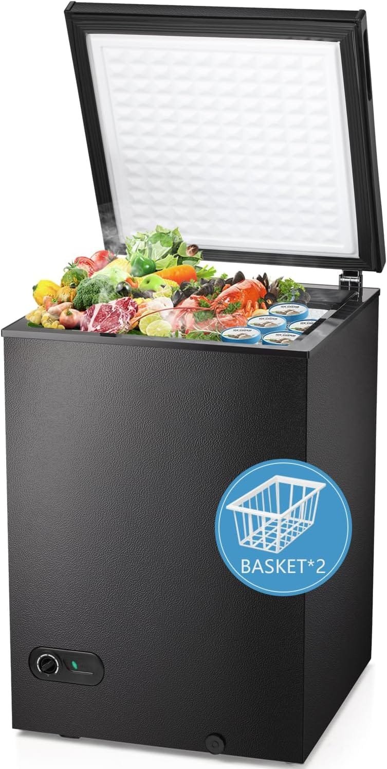 R.W.FLAME Chest Freezer 3.5 Cubic Feet with 2 Removable Baskets and Defrost Water Drain, Deep Freezer, Adjustable Temperature, Energy Saving, Top Open Door Compact Freezer (3.5 Cubic Feet, Black) R.W.FLAME Chest Freezer 3.5 Cubic Feet with 2 Removable Baskets and Defrost Water Drain, Deep Freezer, Adjustable Temperature, Energy Saving, Top Open Door Compact Freezer (3.5 Cubic Feet, Black)