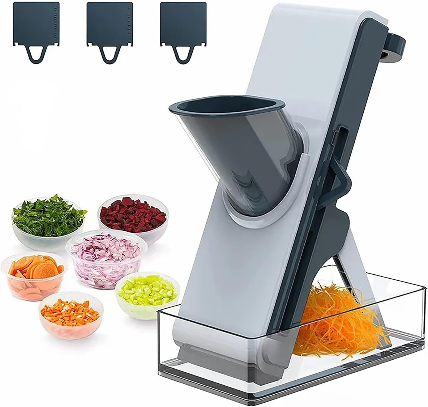 Safe Mandoline Slicer for Kitchen,Vegetable Chopper with Container and Lid,Adjustable Mandoline Slicer,4in1 Vegetable Chopper,Arrot 、Banana、Apple、Lemon、Fries slicer (Grey Blue) Safe Mandoline Slicer for Kitchen,Vegetable Chopper with Container and Lid,Adjustable Mandoline Slicer,4in1 Vegetable Chopper,Arrot 、Banana、Apple、Lemon、Fries slicer (Grey Blue)