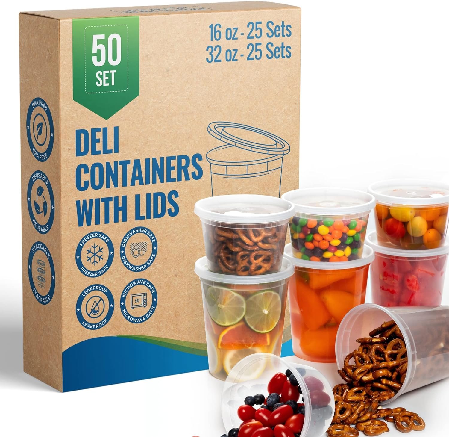 SafeWare Deli Plastic Food Storage Containers with Airtight Lids [ 12Sets-8oz | 20Sets-16oz | 12Sets-32oz] - Great for Slime, Microwave | Dishwasher | Freezer Safe | Leakproof | (40 Mix Sets)
