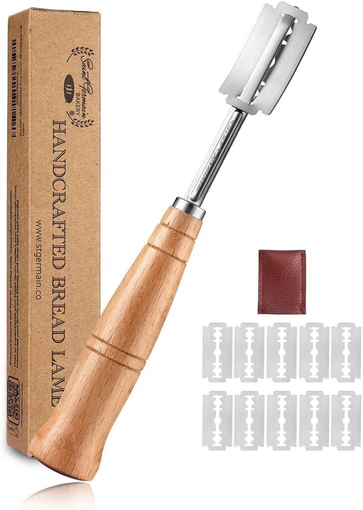 SAINT GERMAIN Premium Hand Crafted Bread Lame for Dough Scoring Knife, Tool Sourdough Slashing with 10 Blades Included Replacement Authentic Leather Protector Cover SAINT GERMAIN Premium Hand Crafted Bread Lame for Dough Scoring Knife, Tool Sourdough Slashing with 10 Blades Included Replacement Authentic Leather Protector Cover