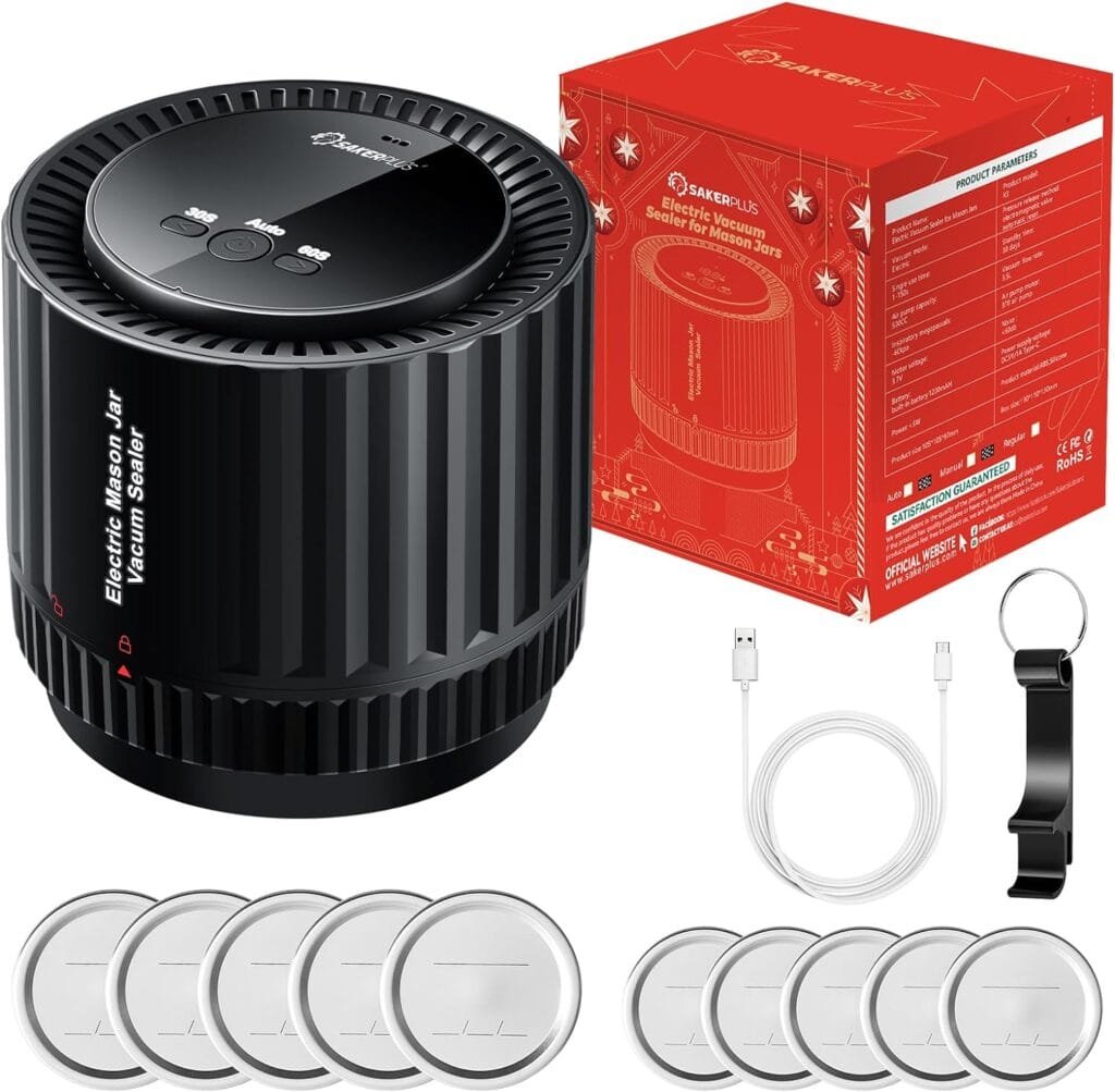 SakerPlus Electric Mason Jar Vacuum Sealer,Automatic Intelligent Electric Vacuum Sealer for Mason Jars for Wide and Regular Mouth Mason Jars,Type-C Charging and LED Display to Preserve Food Freshness SakerPlus Electric Mason Jar Vacuum Sealer,Automatic Intelligent Electric Vacuum Sealer for Mason Jars for Wide and Regular Mouth Mason Jars,Type-C Charging and LED Display to Preserve Food Freshness