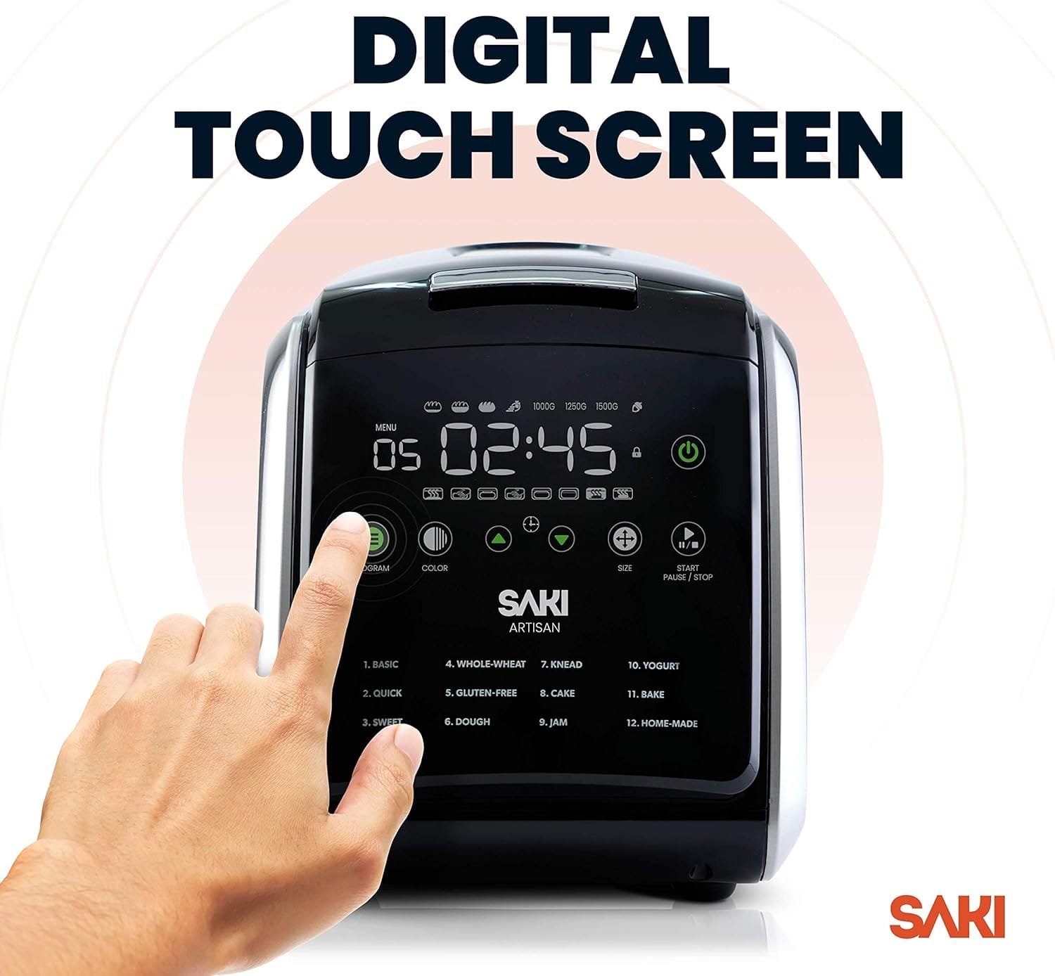 SAKI 3 LB Large Bread Maker Machine, 12-in-1 Programmable Large Bread Machine, with Nonstick Ceramic Bread Pan  Large Digital Touch Panel, 3 Loaf Sizes with 3 Crust Colors Options, Keep Warm Mode SAKI 3 LB Large Bread Maker Machine, 12-in-1 Programmable Large Bread Machine, with Nonstick Ceramic Bread Pan  Large Digital Touch Panel, 3 Loaf Sizes with 3 Crust Colors Options, Keep Warm Mode