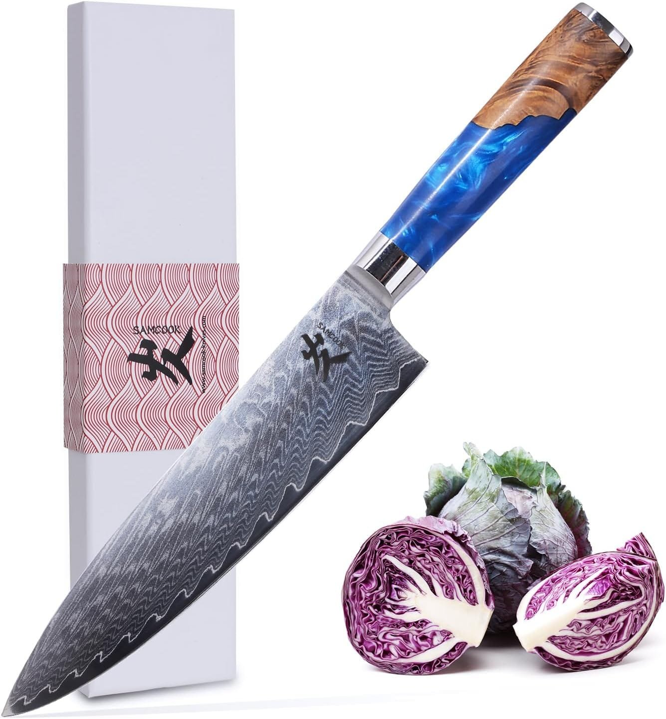 SAMCOOK Damascus Chef Knife - 8 Inch Professional Sharp Gyuto Knife - Japanese VG-10 High Carbon Stainless Steel Kitchen Cooking knife - Ergonomic Blue Resin Wood Handle with Gift Box SAMCOOK Damascus Chef Knife - 8 Inch Professional Sharp Gyuto Knife - Japanese VG-10 High Carbon Stainless Steel Kitchen Cooking knife - Ergonomic Blue Resin Wood Handle with Gift Box