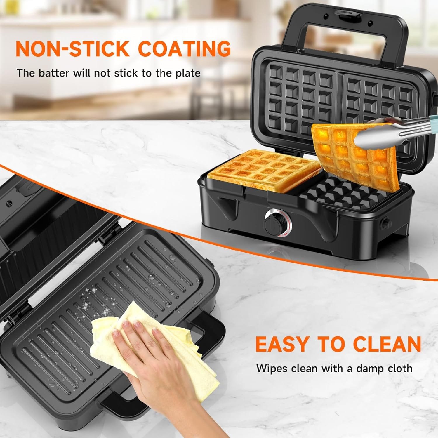 Sandwich Maker 1200W, 3 in 1 Waffle Maker with 5-gear Temperature Control and Removable Plates, Panini Press with Non-Stick Plates, Double-Sided Heating, Indicator Lights, Easy to Use Clean Sandwich Maker 1200W, 3 in 1 Waffle Maker with 5-gear Temperature Control and Removable Plates, Panini Press with Non-Stick Plates, Double-Sided Heating, Indicator Lights, Easy to Use Clean