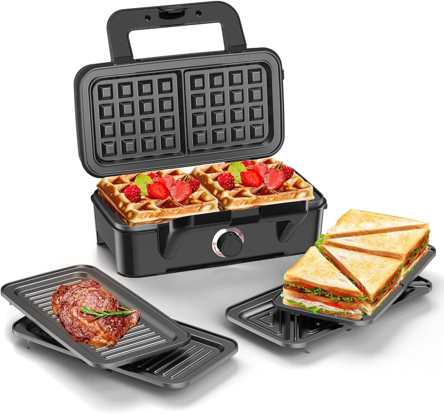 Sandwich Maker 1200W, 3 in 1 Waffle Maker with 5-gear Temperature Control and Removable Plates, Panini Press with Non-Stick Plates, Double-Sided Heating, Indicator Lights, Easy to Use Clean Sandwich Maker 1200W, 3 in 1 Waffle Maker with 5-gear Temperature Control and Removable Plates, Panini Press with Non-Stick Plates, Double-Sided Heating, Indicator Lights, Easy to Use Clean