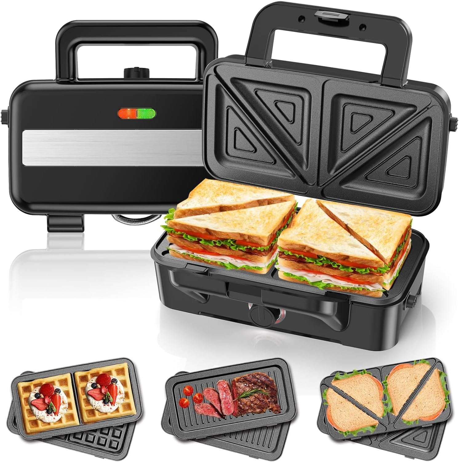 Sandwich Maker 1200W, 3 in 1 Waffle Maker with 5-gear Temperature Control and Removable Plates, Panini Press with Non-Stick Plates, Double-Sided Heating, Indicator Lights, Easy to Use Clean Sandwich Maker 1200W, 3 in 1 Waffle Maker with 5-gear Temperature Control and Removable Plates, Panini Press with Non-Stick Plates, Double-Sided Heating, Indicator Lights, Easy to Use Clean