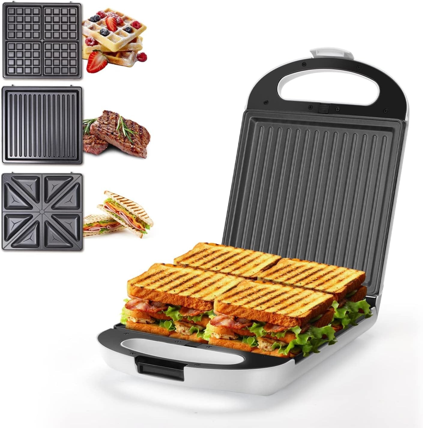 Sandwich Maker 3 in 1, Taylor Swoden 4 Slice Waffle Maker 1200W Panini Press Grill with Non-stick Plates, Double-Sided Heating, Indicator Lights, Cool Touch Handle, Easy to Use  Clean, Black