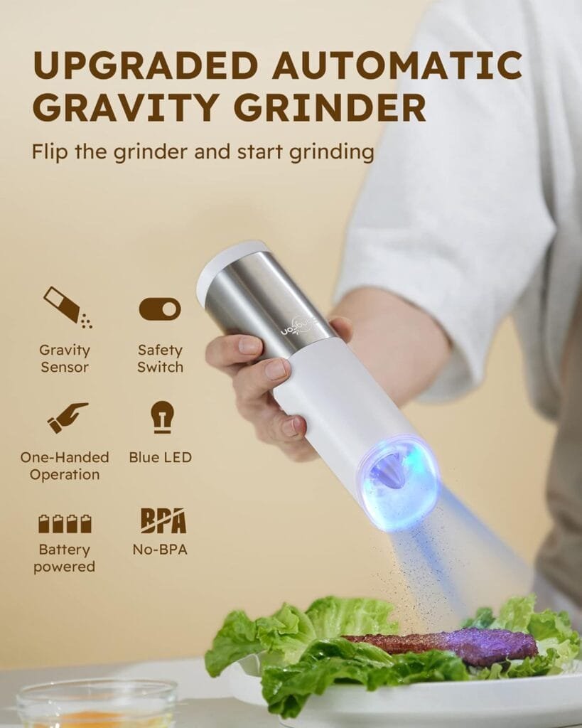 Sangcon Electric Salt  Pepper Grinder Set, Battery Powered with LED Light, Adjustable Coarseness, Safety Switch, Stainless Steel, 2 Pack Sangcon Electric Salt  Pepper Grinder Set, Battery Powered with LED Light, Adjustable Coarseness, Safety Switch, Stainless Steel, 2 Pack