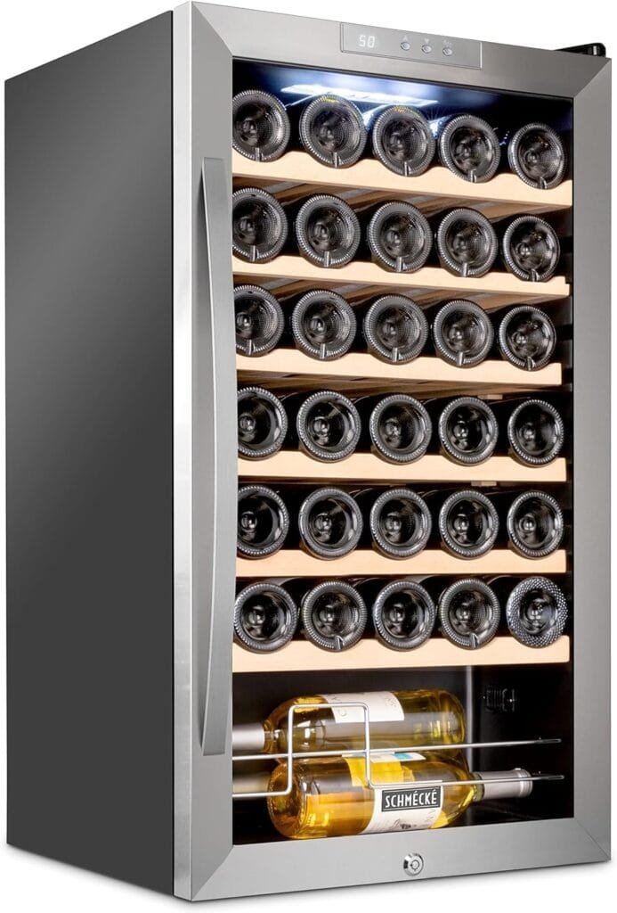 Schmecke 12 Bottle Compressor Wine Cooler Refrigerator w/Lock | Large Freestanding Wine Cellar | 41f-64f Digital Temperature Control Wine Fridge For Red, White, Champagne or Sparkling Wine - Black Schmecke 12 Bottle Compressor Wine Cooler Refrigerator w/Lock | Large Freestanding Wine Cellar | 41f-64f Digital Temperature Control Wine Fridge For Red, White, Champagne or Sparkling Wine - Black