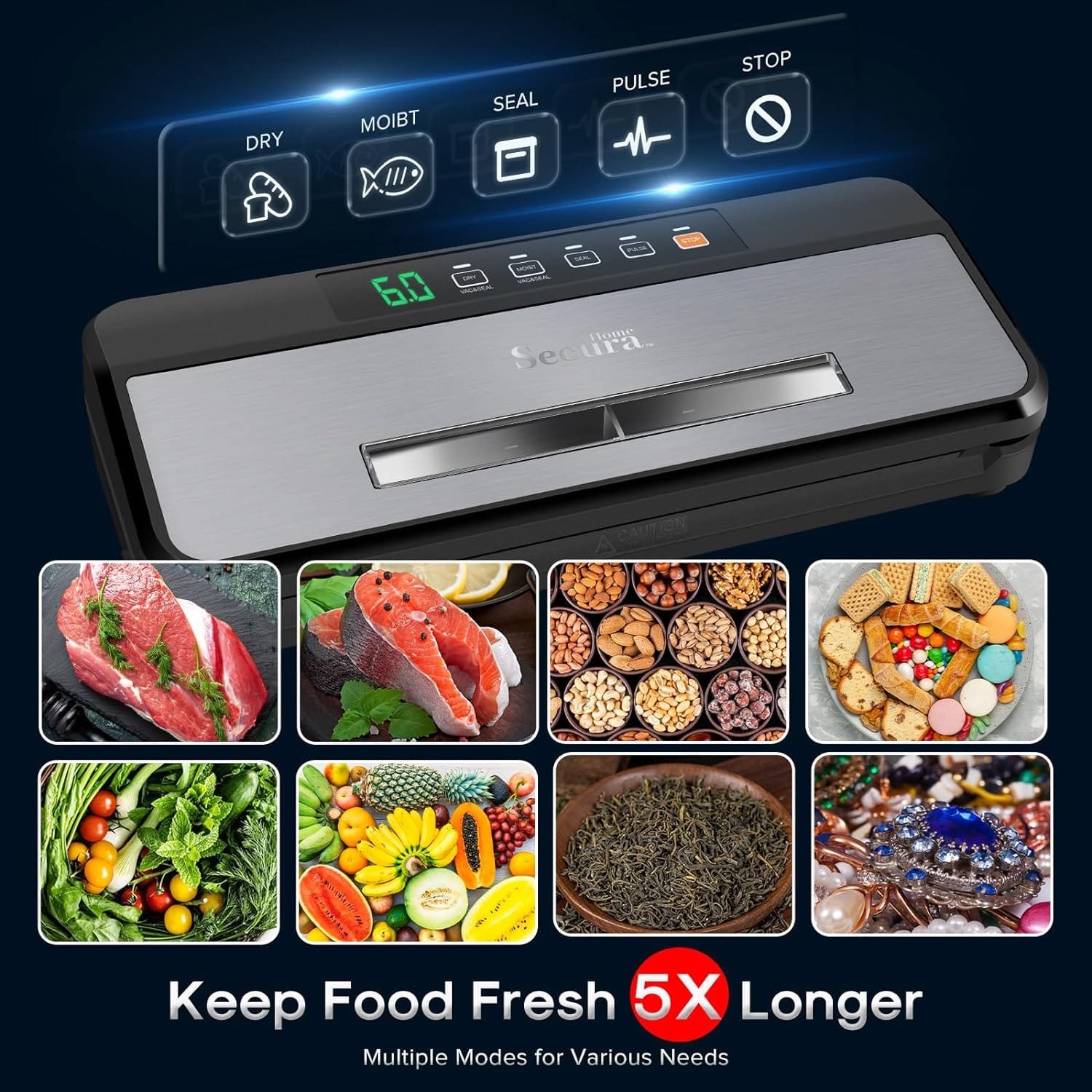 Secura Vacuum Sealer Saver Machine, Visual Operation Window Automatic Food Sealer with Built-in Cutter/Bag Storage/Air Suction Hose, 7-in-1 Easy Options for Food Storage and Saver
