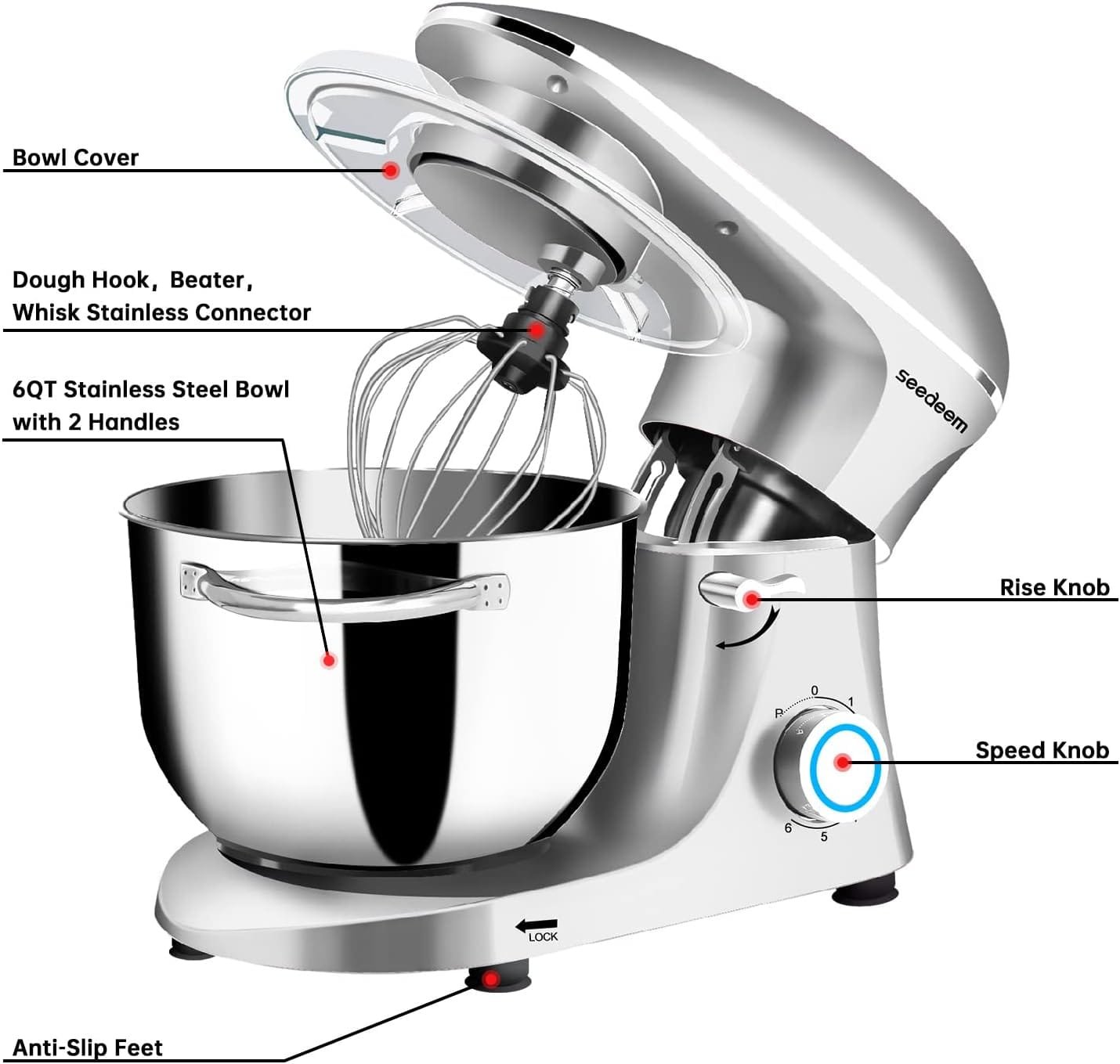 Seedeem Stand Mixer, 6Qt Electric Food Mixer, 660W 6-Speeds Tilt-Head Dough Mixers with Dishwasher-Safe Dough Hook, Wire Whip  Beater for Daily Use, Red