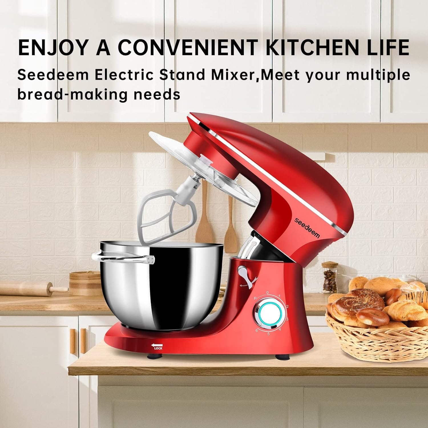 Seedeem Stand Mixer, 6Qt Electric Food Mixer, 660W 6-Speeds Tilt-Head Dough Mixers with Dishwasher-Safe Dough Hook, Wire Whip  Beater for Daily Use, Red
