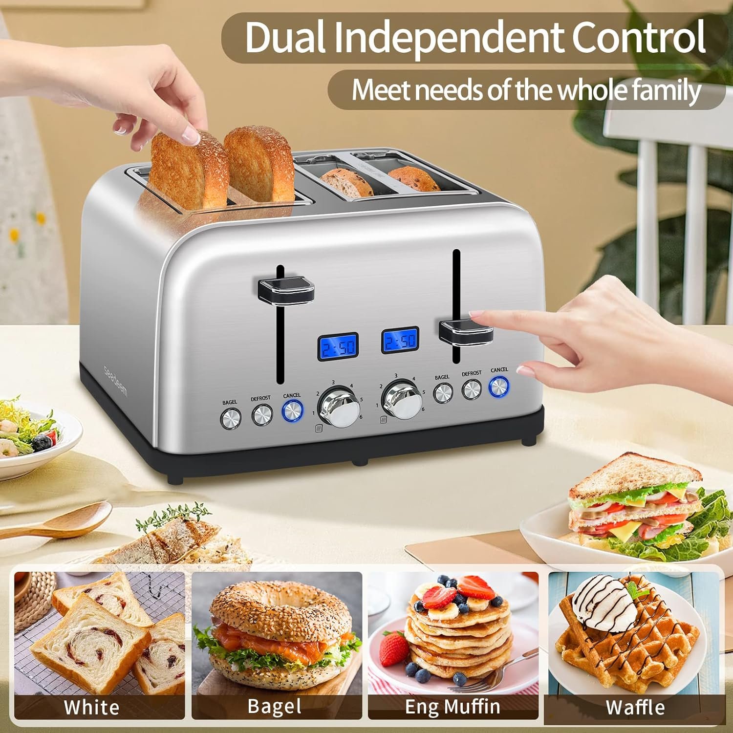 SEEDEEM Toaster 4 Slice, LCD Display, 6 Shade Settings Stainless Toaster, 1.5 Wide Slots, Digital Toaster for Bagel, Defrost, Reheat, Dual Control, Removable Crumb Tray, 1500W, Silver Metallic