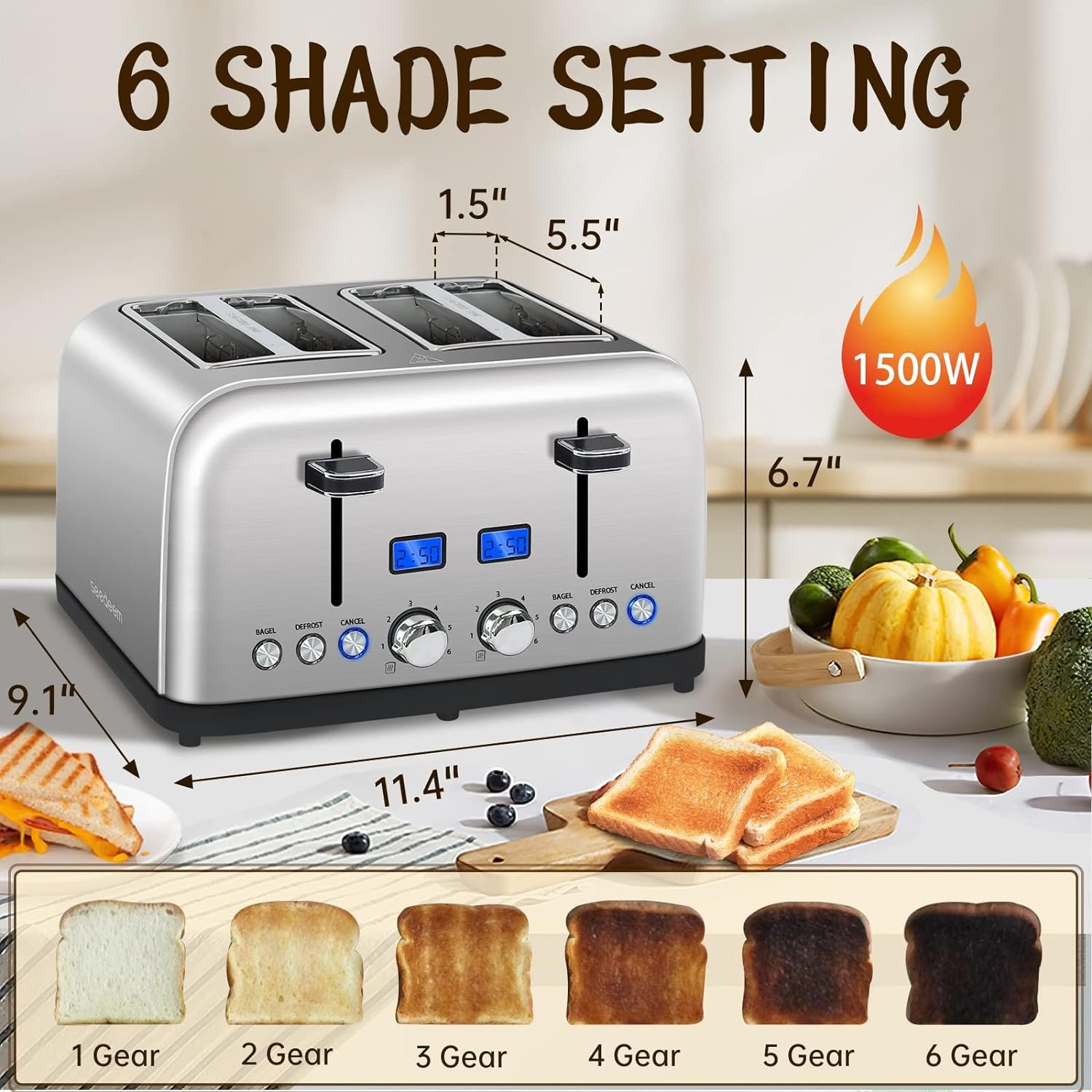 SEEDEEM Toaster 4 Slice, LCD Display, 6 Shade Settings Stainless Toaster, 1.5 Wide Slots, Digital Toaster for Bagel, Defrost, Reheat, Dual Control, Removable Crumb Tray, 1500W, Silver Metallic