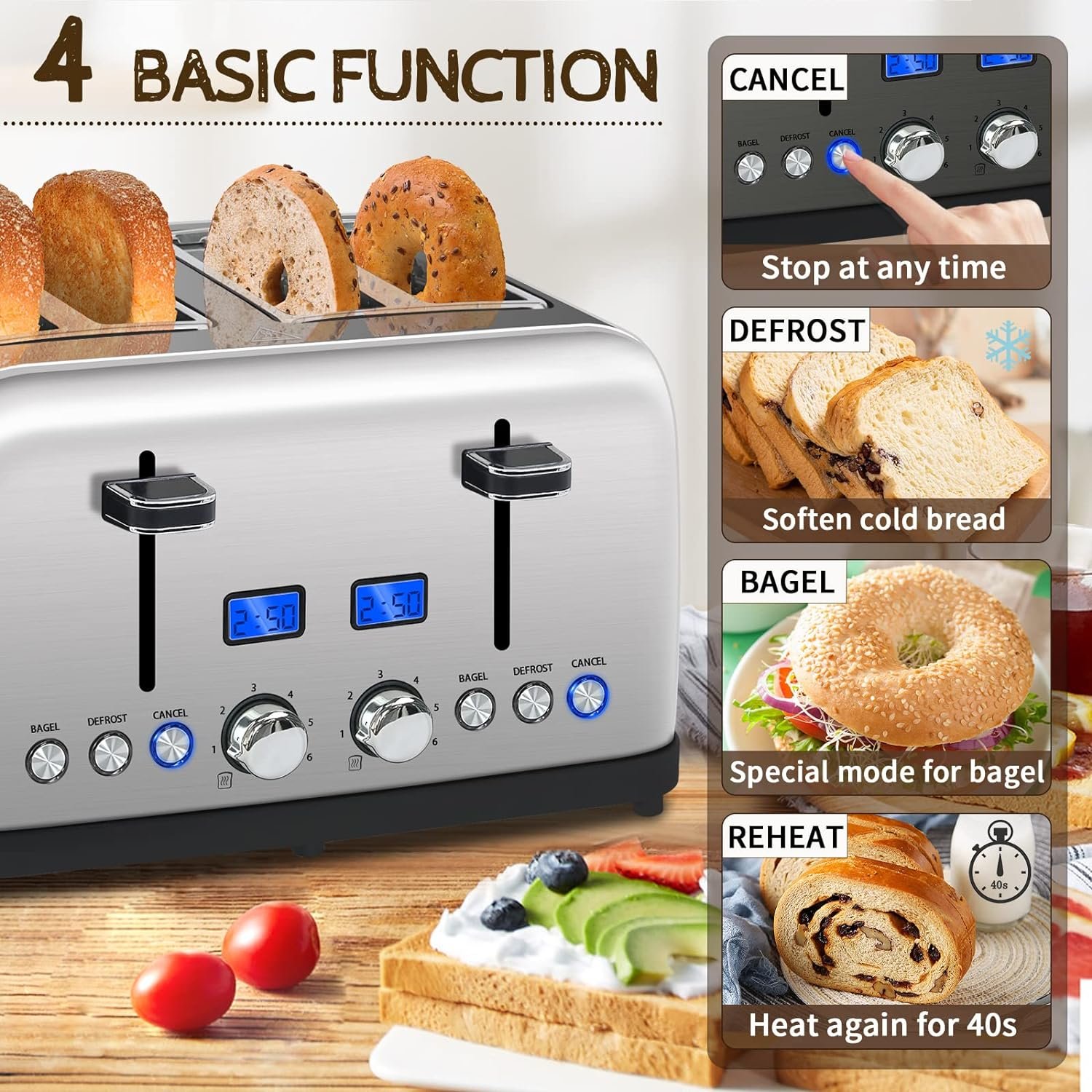 SEEDEEM Toaster 4 Slice, LCD Display, 6 Shade Settings Stainless Toaster, 1.5 Wide Slots, Digital Toaster for Bagel, Defrost, Reheat, Dual Control, Removable Crumb Tray, 1500W, Silver Metallic