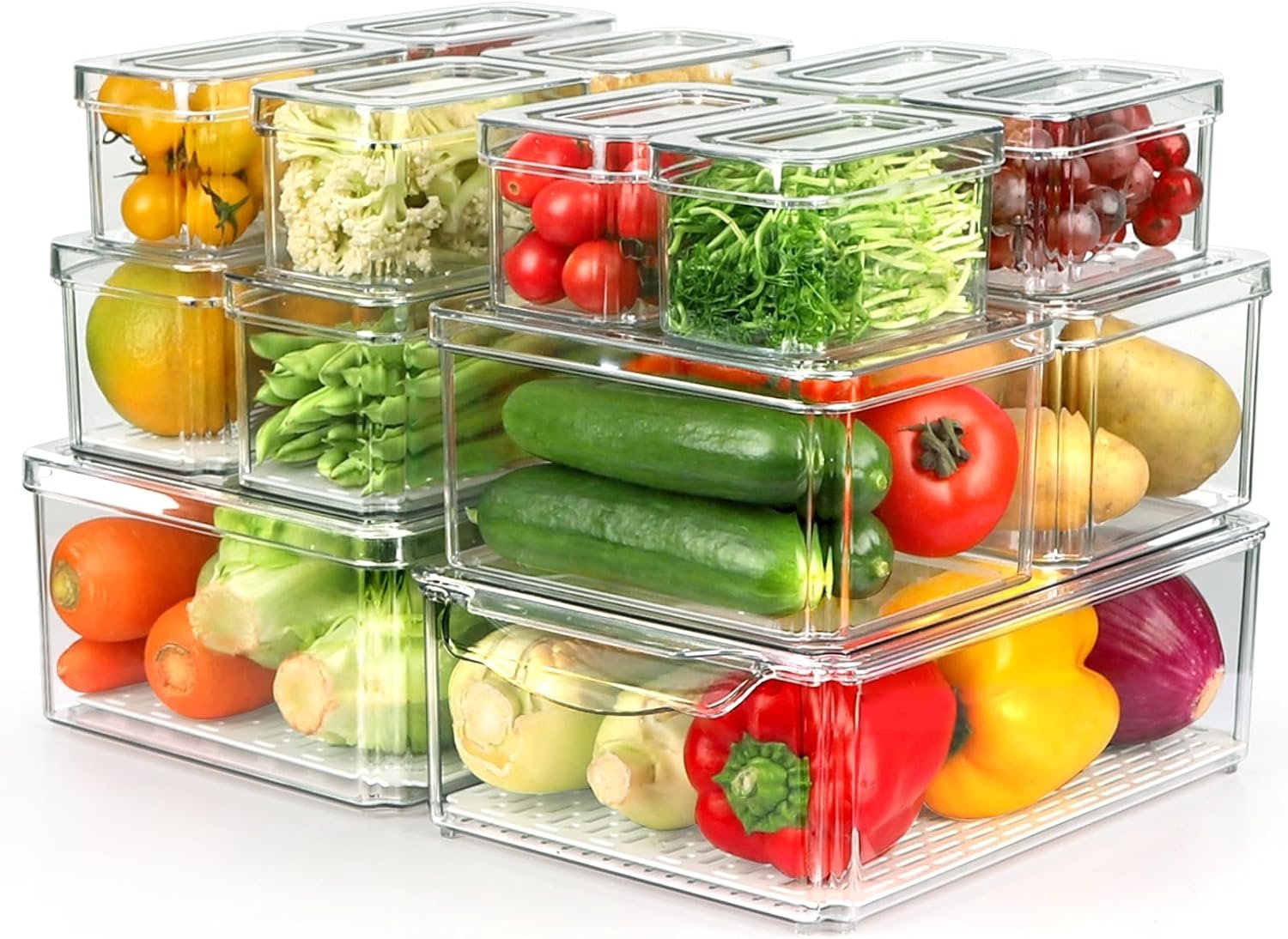 Set Of 14 Fridge Organizer, BPA Free Stackable Refrigerator Organizer Bins with Lids, Fridge Organizers and Storage Clear Refrigerator Storage Containers for Fruits, Vegetable, Food, Drinks