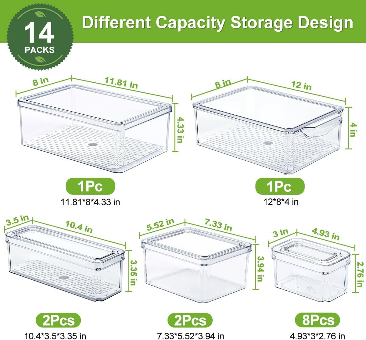 Set Of 14 Fridge Organizer, BPA Free Stackable Refrigerator Organizer Bins with Lids, Fridge Organizers and Storage Clear Refrigerator Storage Containers for Fruits, Vegetable, Food, Drinks