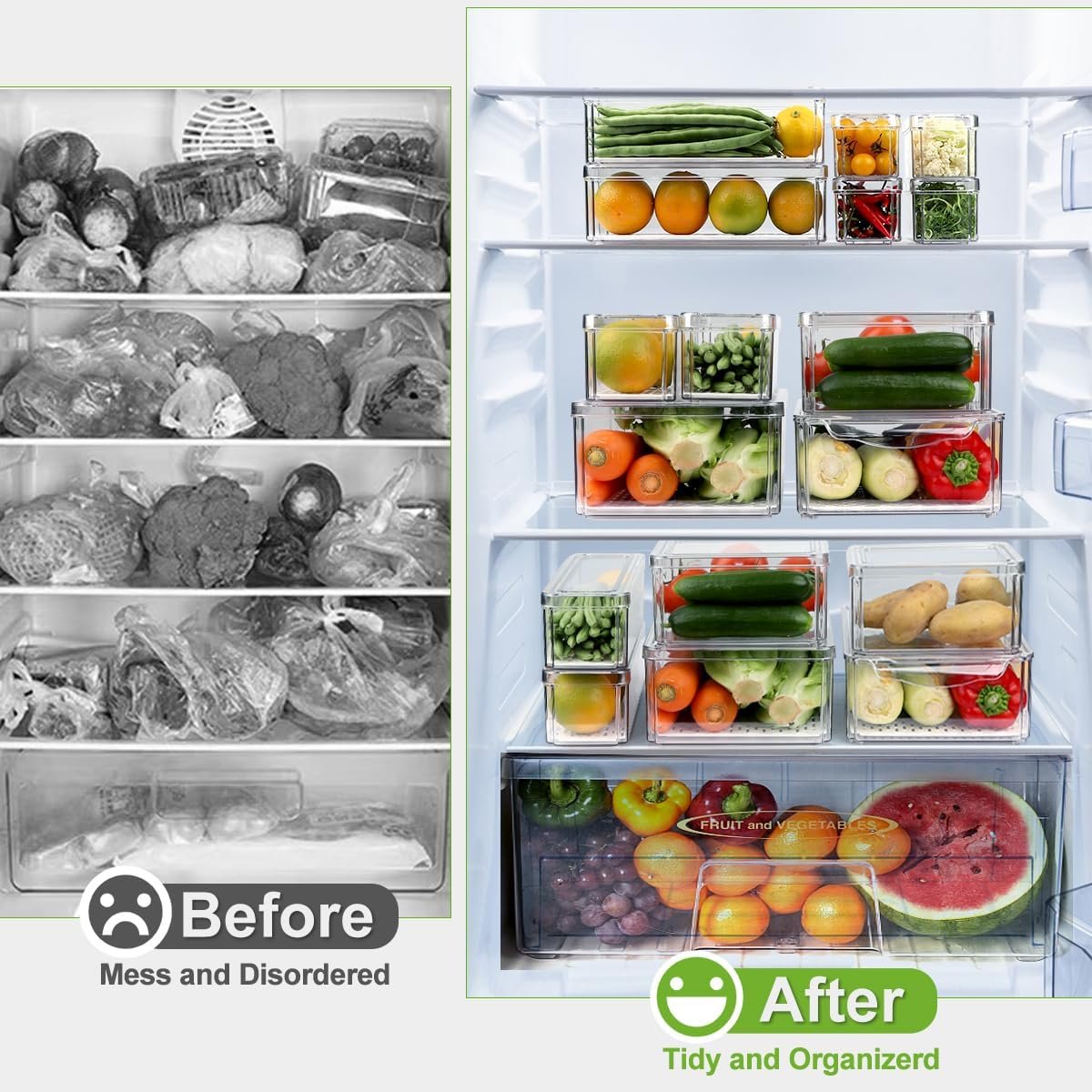 Set Of 14 Fridge Organizer, BPA Free Stackable Refrigerator Organizer Bins with Lids, Fridge Organizers and Storage Clear Refrigerator Storage Containers for Fruits, Vegetable, Food, Drinks