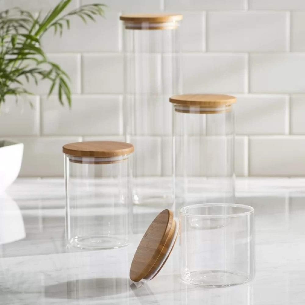 Set of 5 Glass Kitchen Canisters with Airtight Bamboo Lid - Glass Storage Jars for Pantry Organization and Bathroom for Flour, Coffee, Cookie Jar, Candy, Snack, Pasta, Rice, Sugar Packet Holder