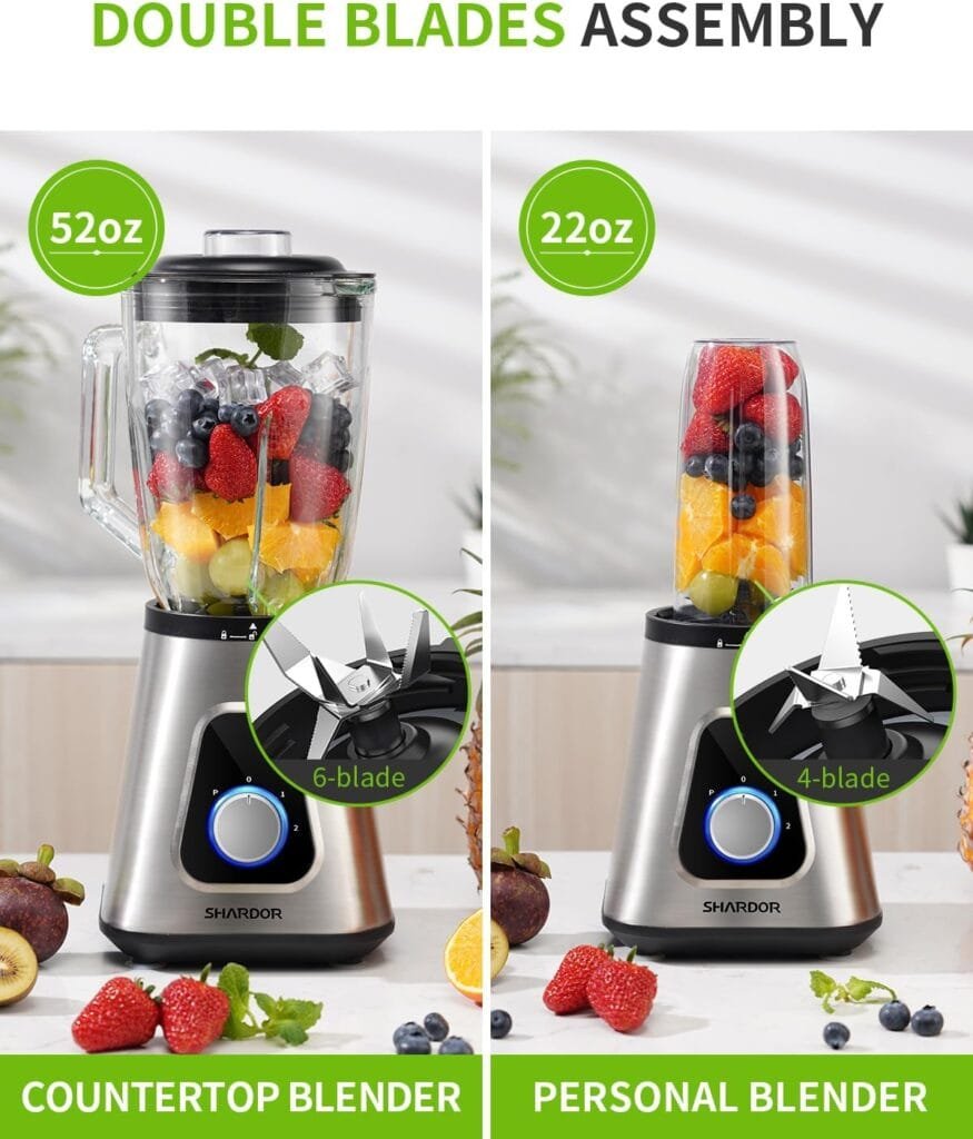 SHARDOR 1200W Blender for Shakes and Smoothies, Countertop Blender and Personal Blender Combo, 52oz Glass Jar, 22oz Travel Cup, 3 Adjustable Speed for Frozen Fruit Drinks, Smoothies, Sauces, Sliver