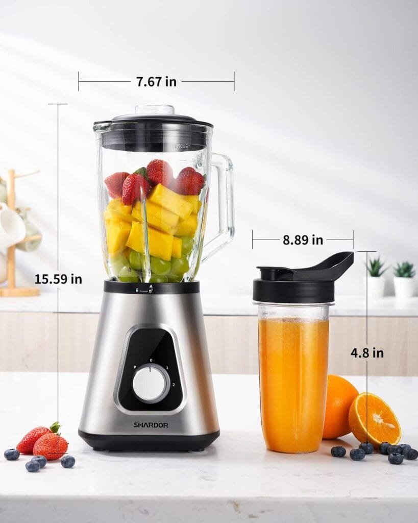 SHARDOR 1200W Blender for Shakes and Smoothies, Countertop Blender and Personal Blender Combo, 52oz Glass Jar, 22oz Travel Cup, 3 Adjustable Speed for Frozen Fruit Drinks, Smoothies, Sauces, Sliver