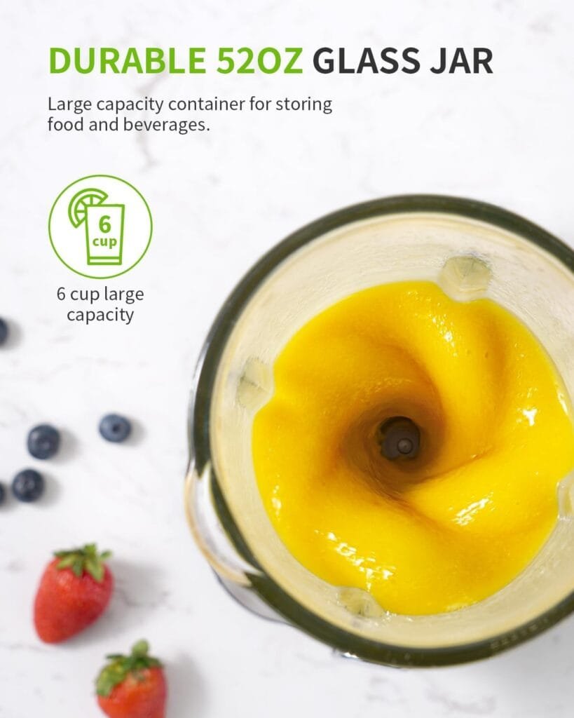 SHARDOR 1200W Blender for Shakes and Smoothies, Countertop Blender and Personal Blender Combo, 52oz Glass Jar, 22oz Travel Cup, 3 Adjustable Speed for Frozen Fruit Drinks, Smoothies, Sauces, Sliver