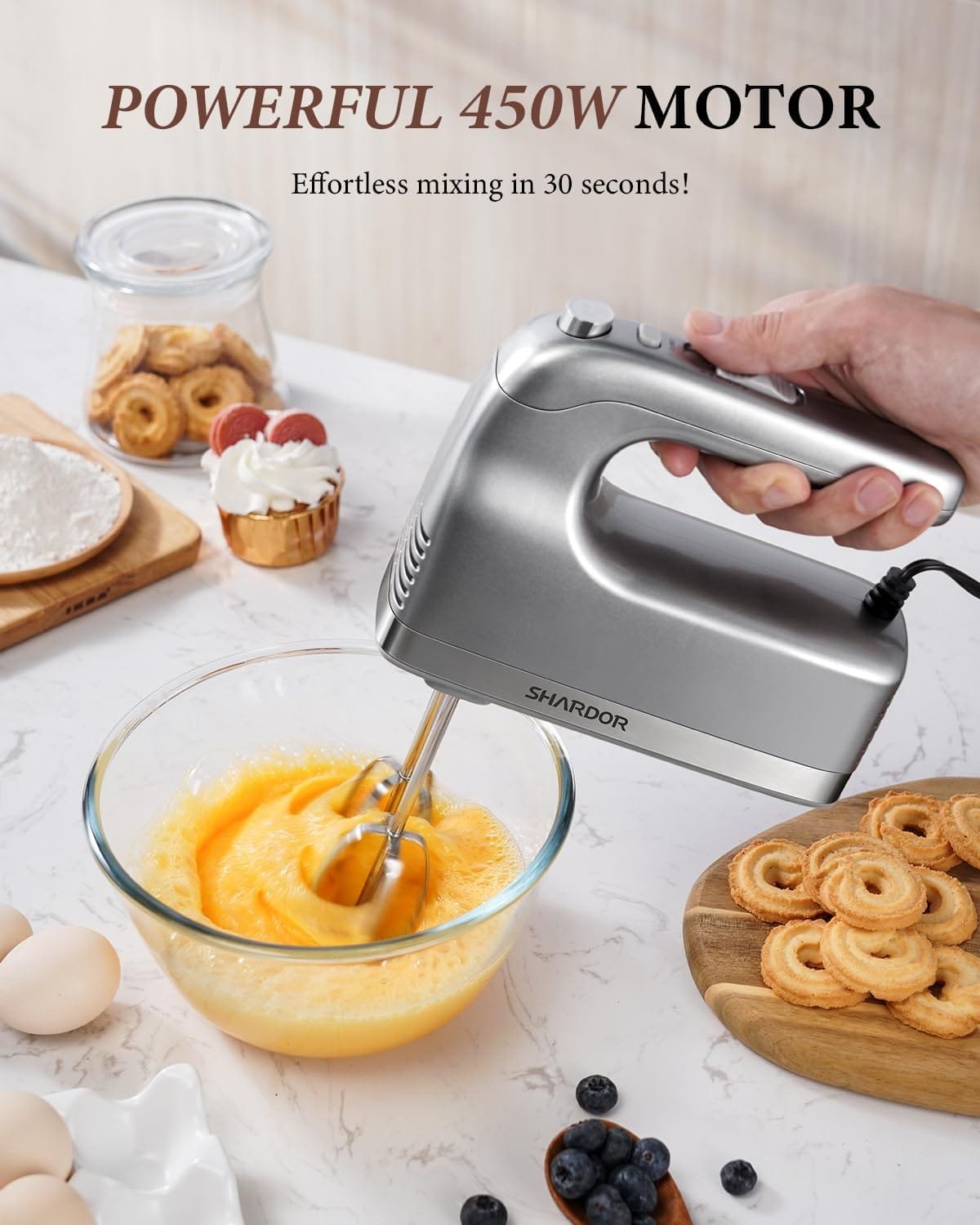 SHARDOR Hand Mixer, 450W Handheld Mixer with Storage Case 5-Speed Plus Turbo Hand Mixer Electric With 5 Stainless Steel Attachments(2 Beaters, 2 Dough Hooks and 1 Whisk), Silver