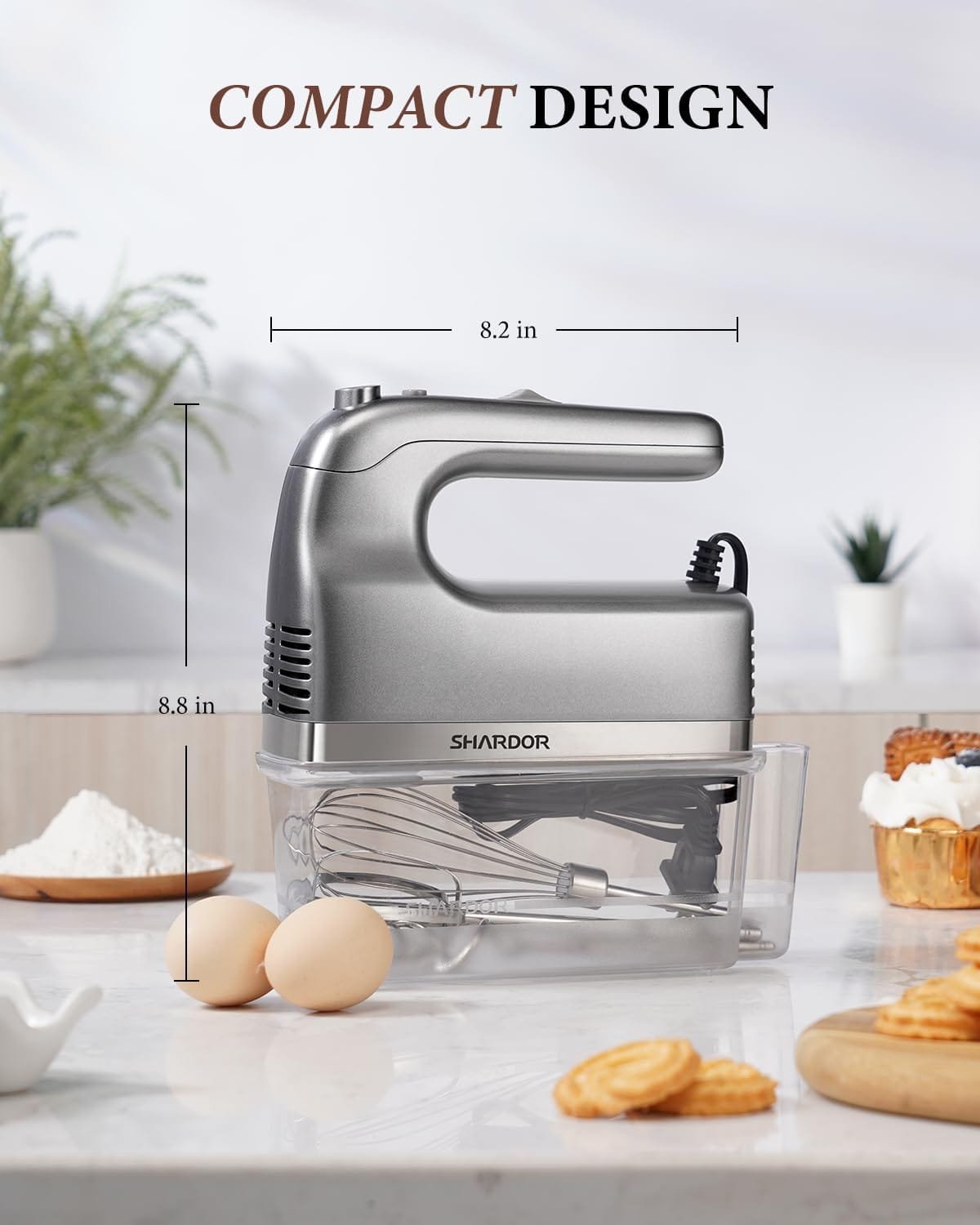 SHARDOR Hand Mixer, 450W Handheld Mixer with Storage Case 5-Speed Plus Turbo Hand Mixer Electric With 5 Stainless Steel Attachments(2 Beaters, 2 Dough Hooks and 1 Whisk), Silver