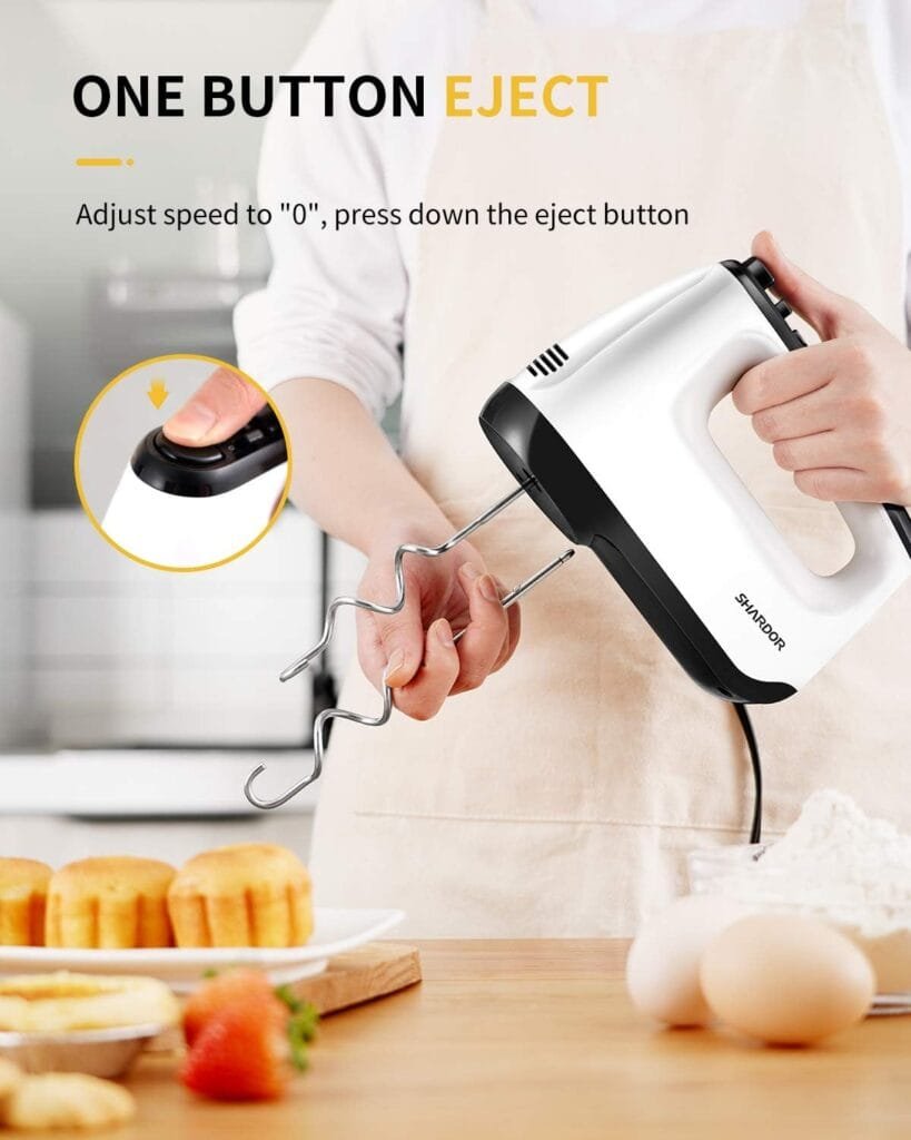 SHARDOR Hand Mixer Electric, 6 Speed  Turbo Handheld Mixer with 5 Stainless Steel Accessories, Electic Mixer for Whipping, Mixing Cookies, Brownie, Cakes, Dough Batters, Snap-On Storage Case, White