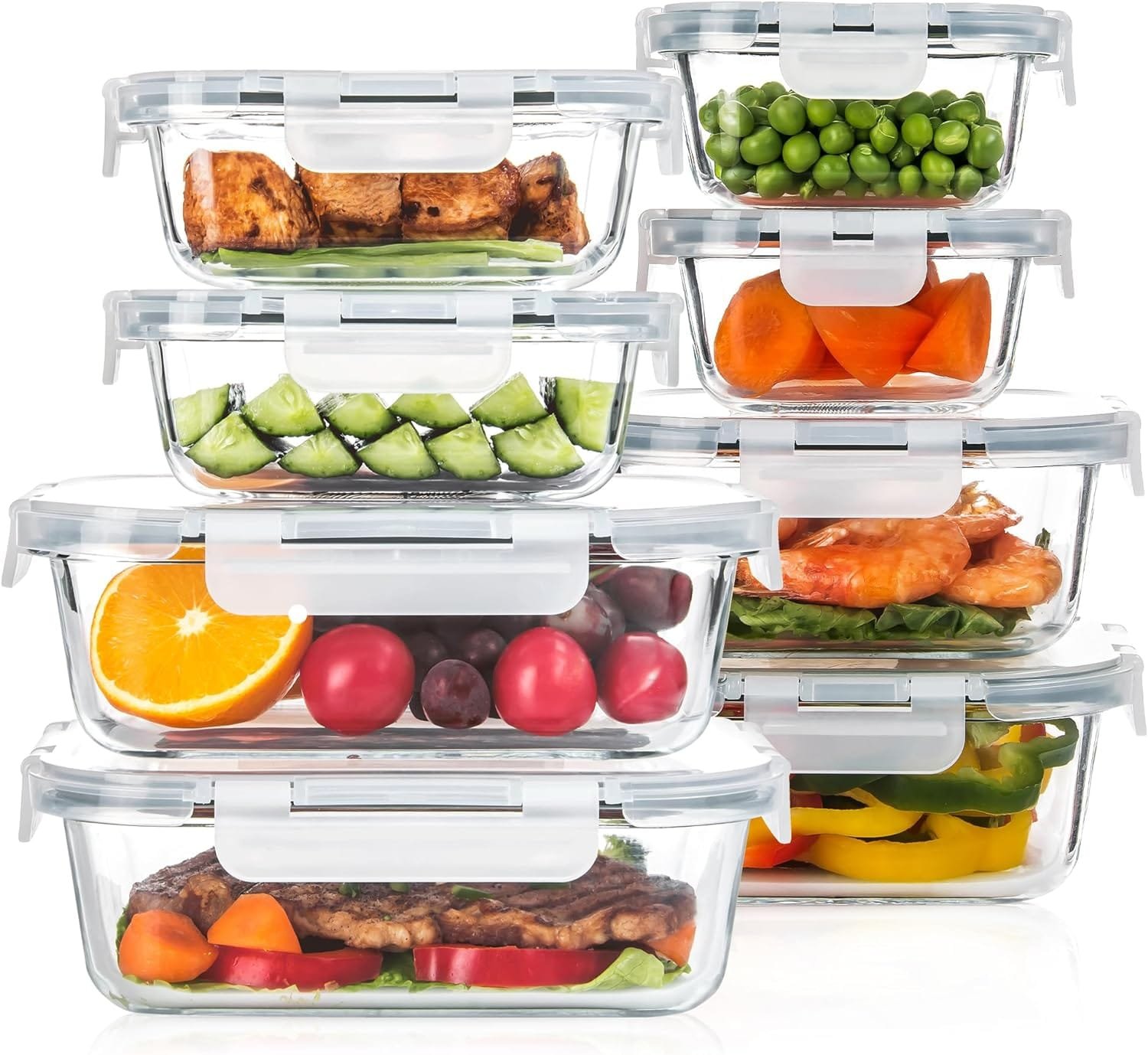 SHYRC 8 Pack Glass Food Storage Containers Set, Glass Meal Prep Containers with Leakproof Lids, Airtight Glass Lunch Containers, Ideal for Food Storage, On-the-Go, Leftover