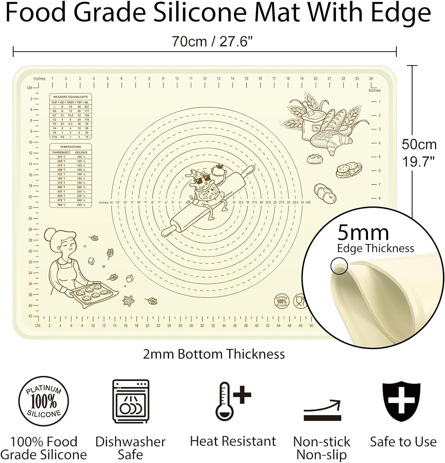 Silicone Baking Mat Extra Large Non-stick Baking Mat With High Edge, Food Grade Silicone Dough Rolling Mat For Making Cookies, Macarons, Multipurpose Mat, Countertop Mat, Placemat (20X28)