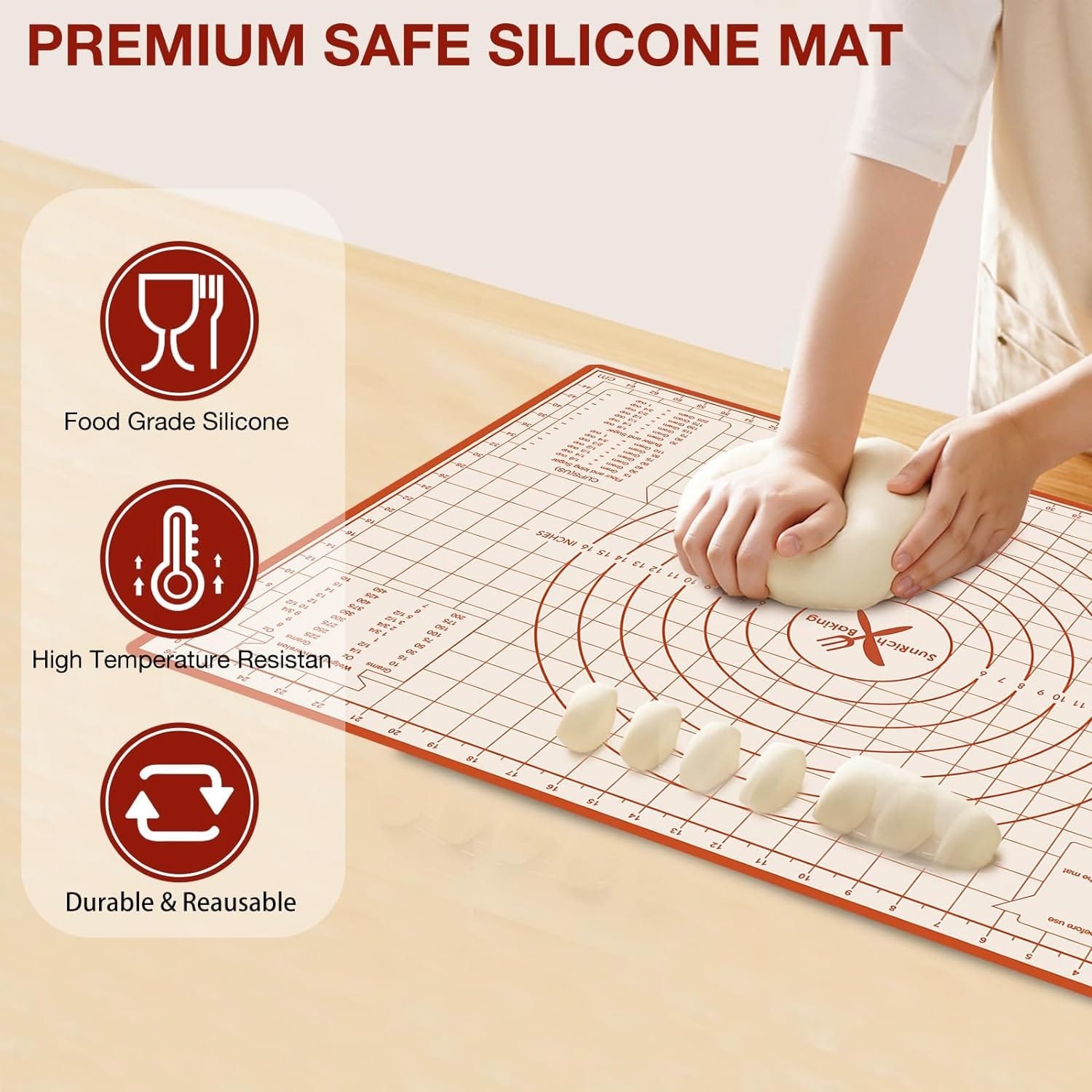 Silicone Baking Mat, Non Stick Pastry Mat with Measurement,26 x 16 Extra Thick Large Rolling Dough Mat Sheet, Counter Mat,Food Grade Pizza, Fondant, Macarons,Cookies Mat, Baking Supplies for kitchen