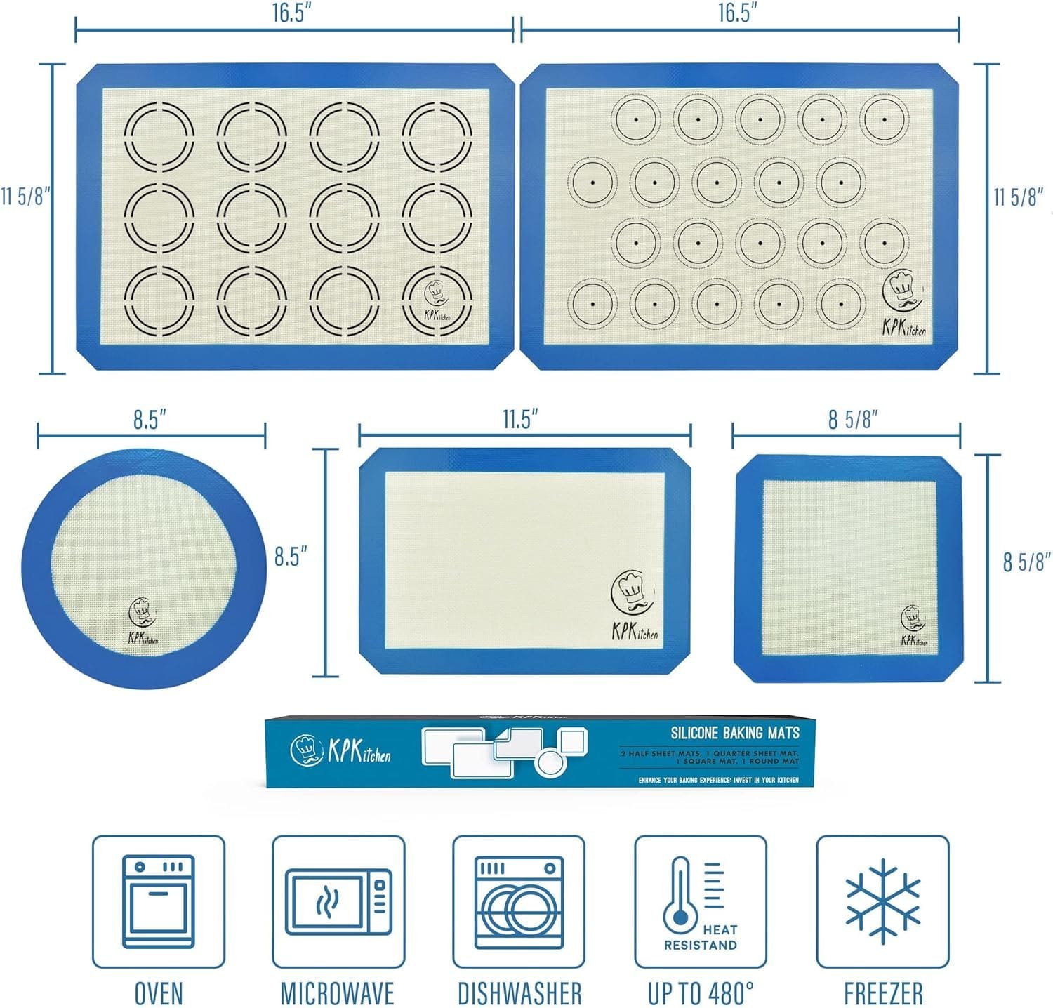 Silicone Baking Mat Set of 5-2 Half Sheets (Macaron  Cookie Circle On Mat) + 1 Quarter + 1 Round  1 Square Size Silicone Baking Sheet - Nonstick  Easy to Clean - 100% Silicone Mats for Baking
