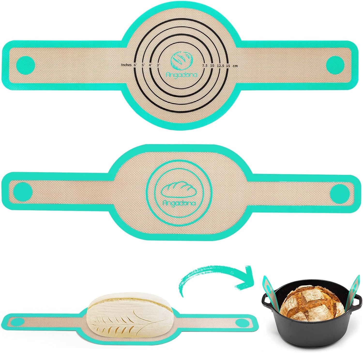 Silicone Bread Sling Oval and Round - Non-Stick  Easy Clean Reusable Oval Silicone Baking Mat for dutch oven. With Long Handles Sourdough Bread Baking mat tools supplier Liner, 2 aqua sky set.