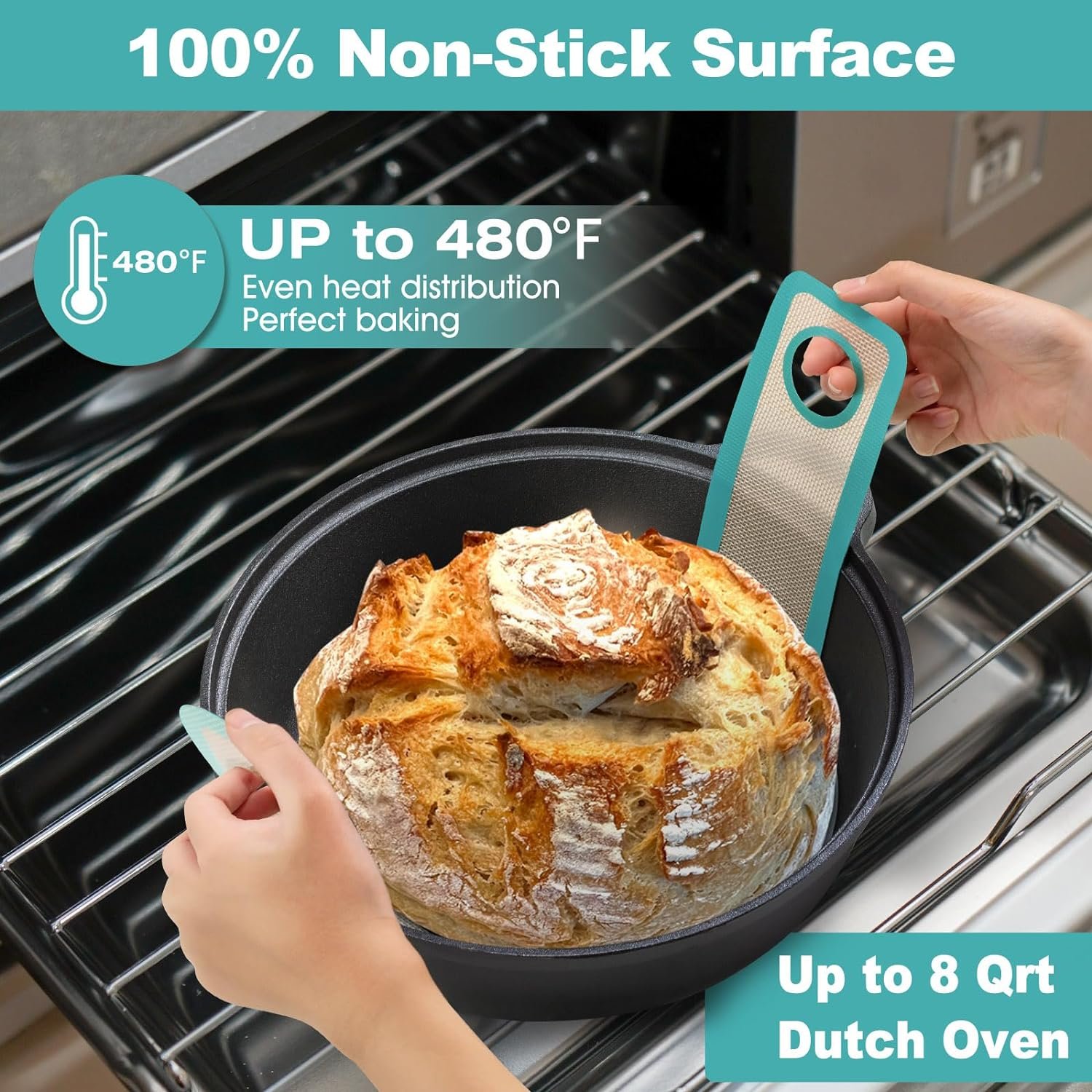Silicone Bread Sling Oval and Round - Non-Stick  Easy Clean Reusable Oval Silicone Baking Mat for dutch oven. With Long Handles Sourdough Bread Baking mat tools supplier Liner, 2 aqua sky set.