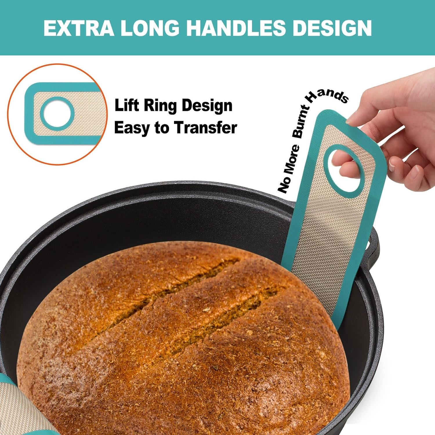 Silicone Bread Sling Oval and Round - Non-Stick  Easy Clean Reusable Oval Silicone Baking Mat for dutch oven. With Long Handles Sourdough Bread Baking mat tools supplier Liner, 2 aqua sky set.