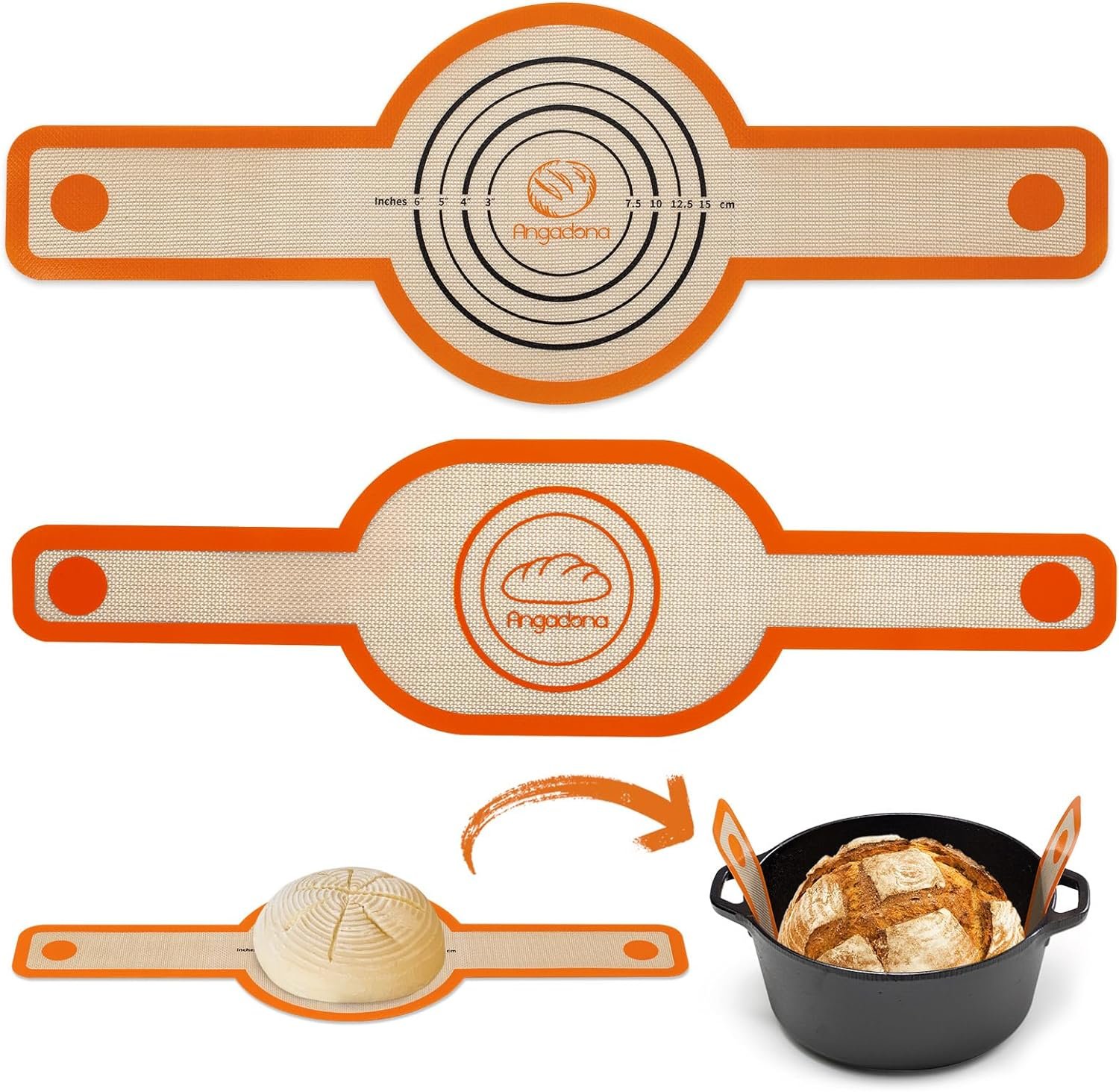 Silicone Bread Sling Oval and Round - Non-Stick  Easy Clean Reusable Oval Silicone Baking Mat for dutch oven. With Long Handles Sourdough Bread Baking mat tools supplier Liner,2 Orange Set