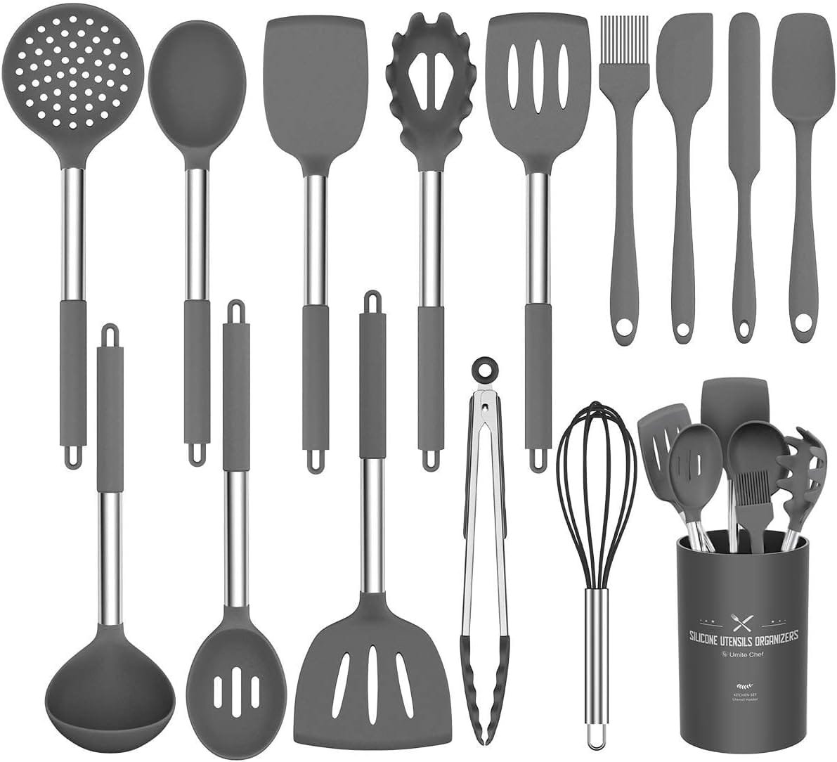 Silicone Cooking Utensil Set,Umite Chef Kitchen Utensils 15pcs Set Non-stick Heat Resistan BPA-Free Stainless Steel Handle Tools Whisk - Grey Silicone Cooking Utensil Set,Umite Chef Kitchen Utensils 15pcs Set Non-stick Heat Resistan BPA-Free Stainless Steel Handle Tools Whisk - Grey