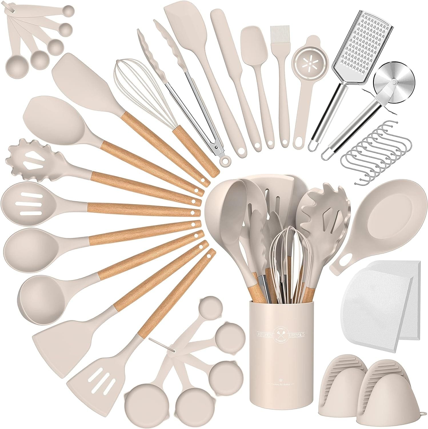 Silicone Cooking Utensils Set, 43Pcs Non-Stick Heat Resistant Kitchen Utensils Spatula Set with Wooden Handle for Baking, Cooking, and Mixing, Best Kitchen Gadgets Tools with Holder (Khaki) Silicone Cooking Utensils Set, 43Pcs Non-Stick Heat Resistant Kitchen Utensils Spatula Set with Wooden Handle for Baking, Cooking, and Mixing, Best Kitchen Gadgets Tools with Holder (Khaki)